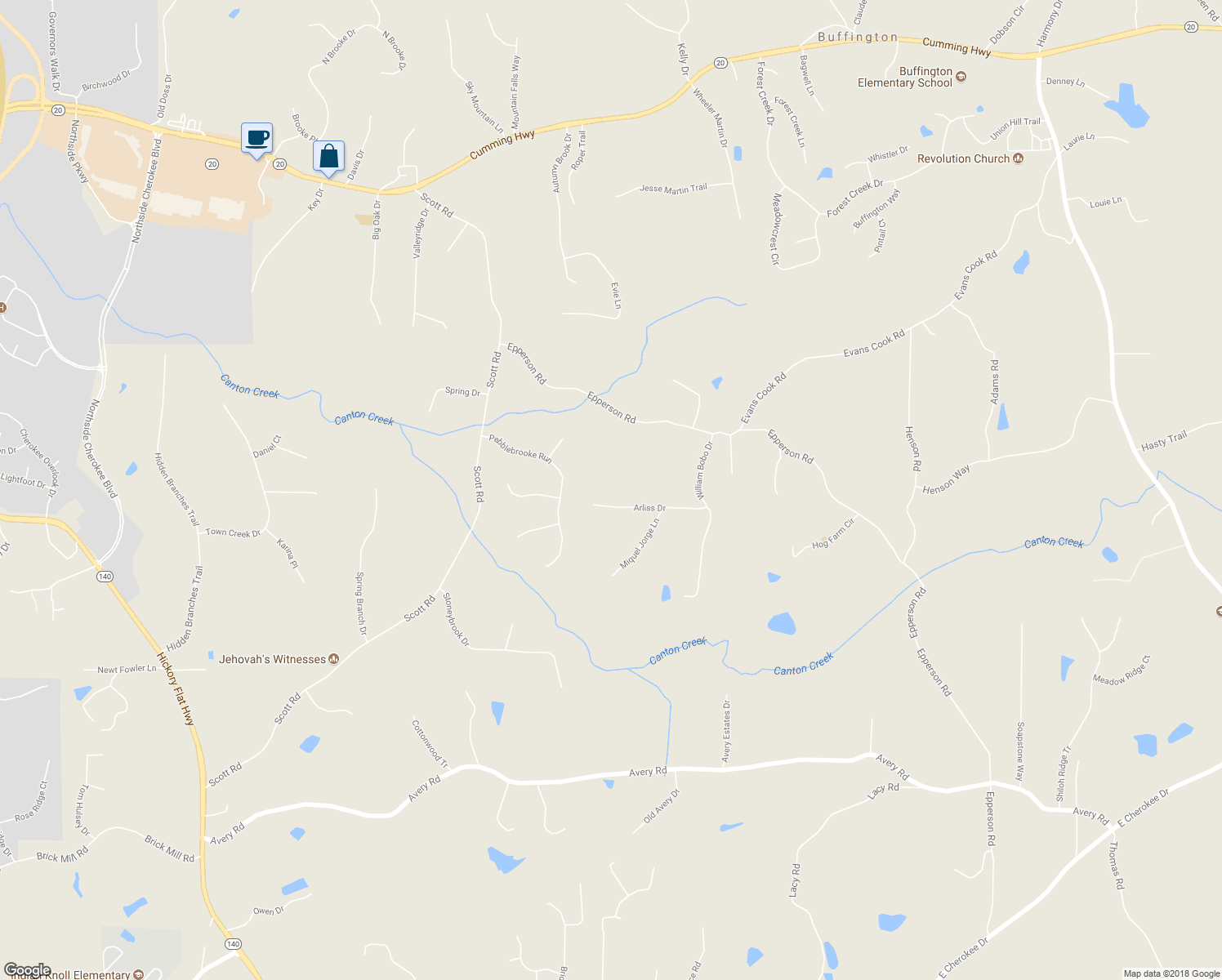 map of restaurants, bars, coffee shops, grocery stores, and more near 390 Arliss Drive in Canton