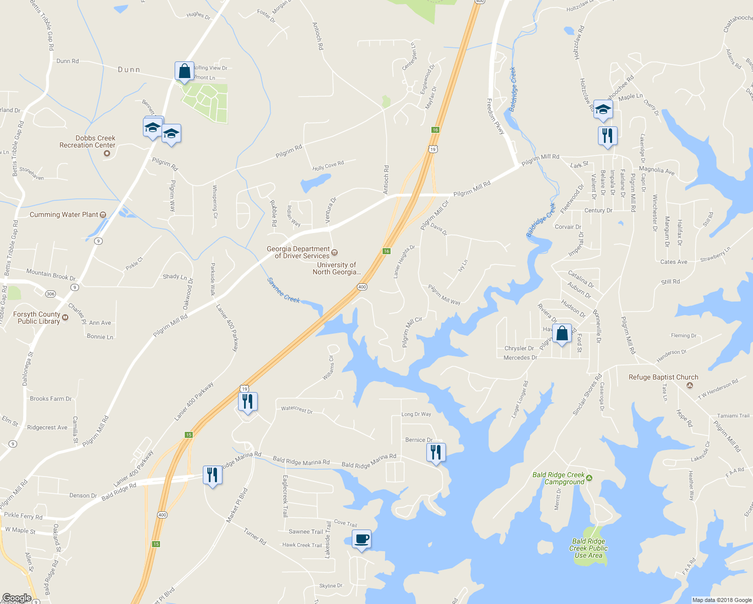 map of restaurants, bars, coffee shops, grocery stores, and more near 2580 Pilgrim Mill Circle in Cumming