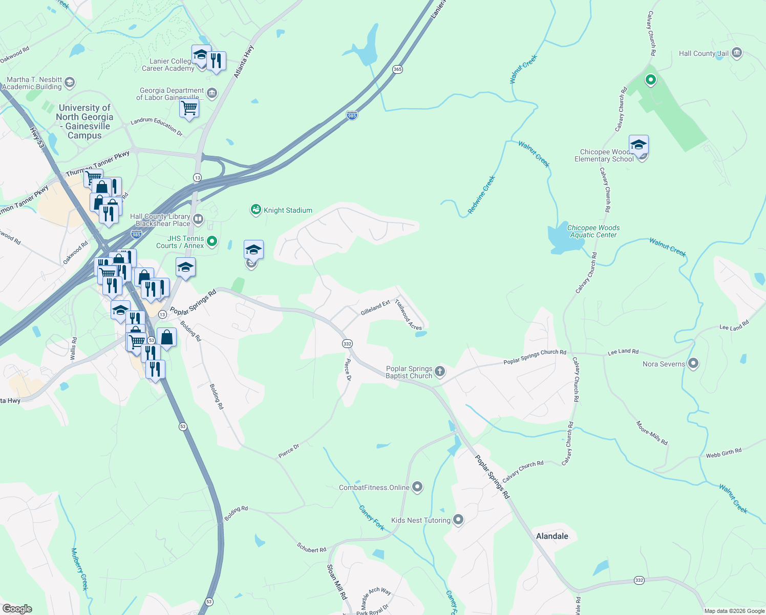 map of restaurants, bars, coffee shops, grocery stores, and more near 3526 Gilleland Extension in Gainesville