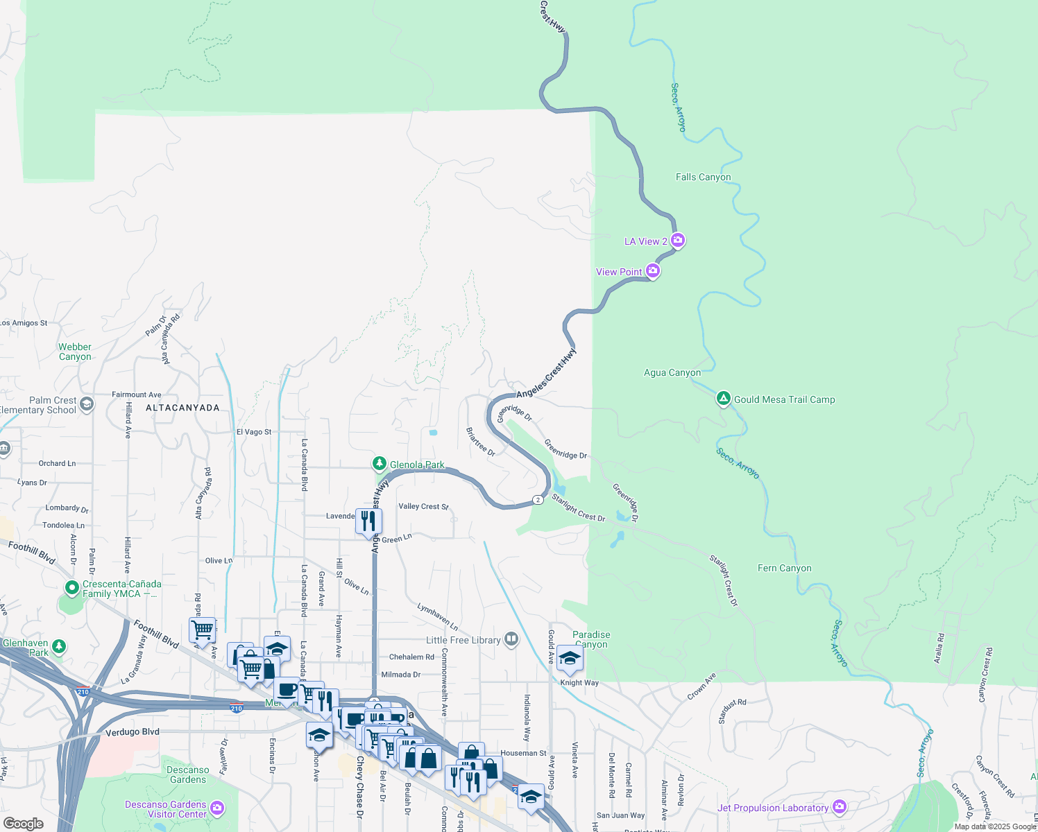 map of restaurants, bars, coffee shops, grocery stores, and more near 848 Greenridge Drive in La Cañada Flintridge