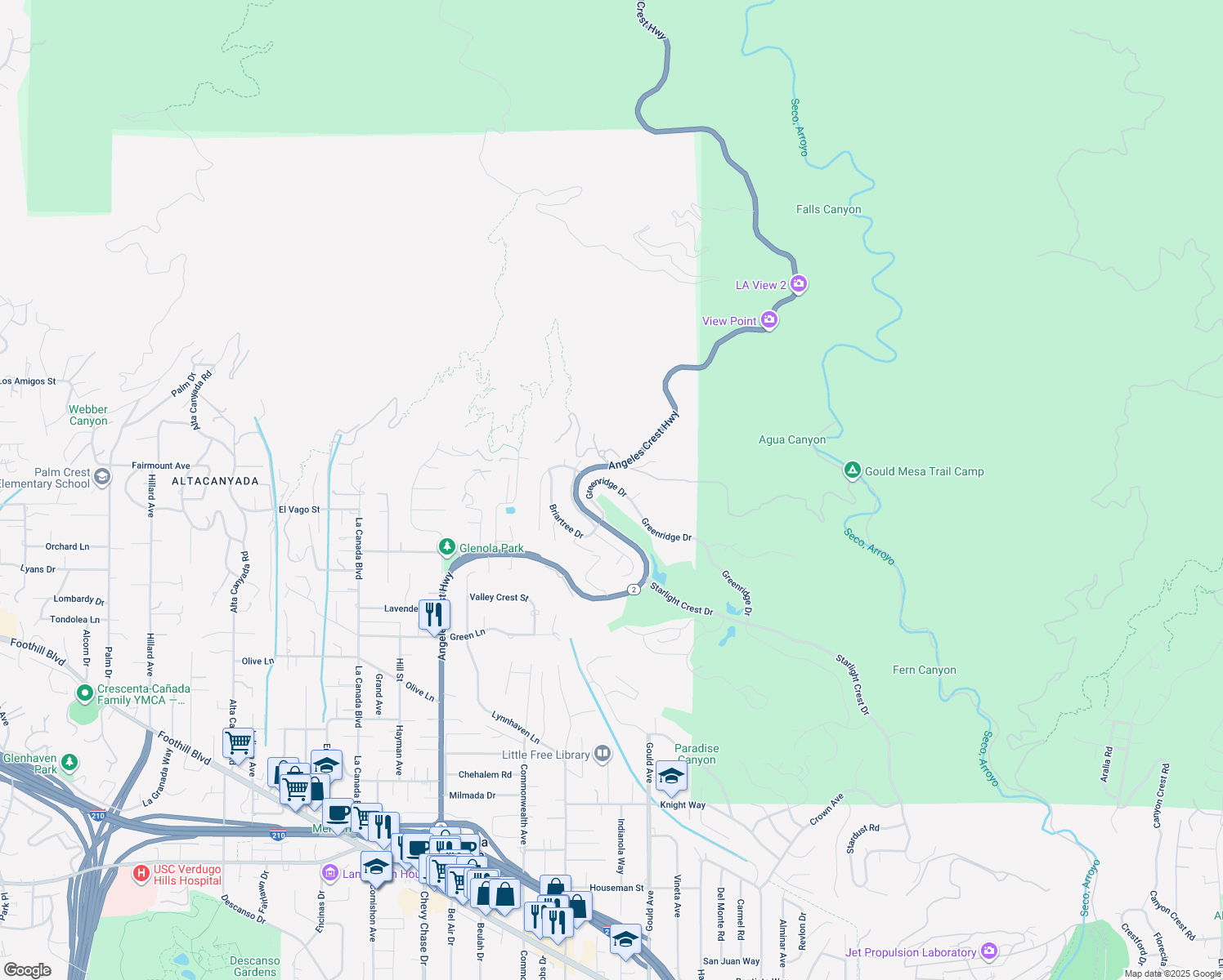 map of restaurants, bars, coffee shops, grocery stores, and more near 848 Greenridge Drive in La Cañada Flintridge