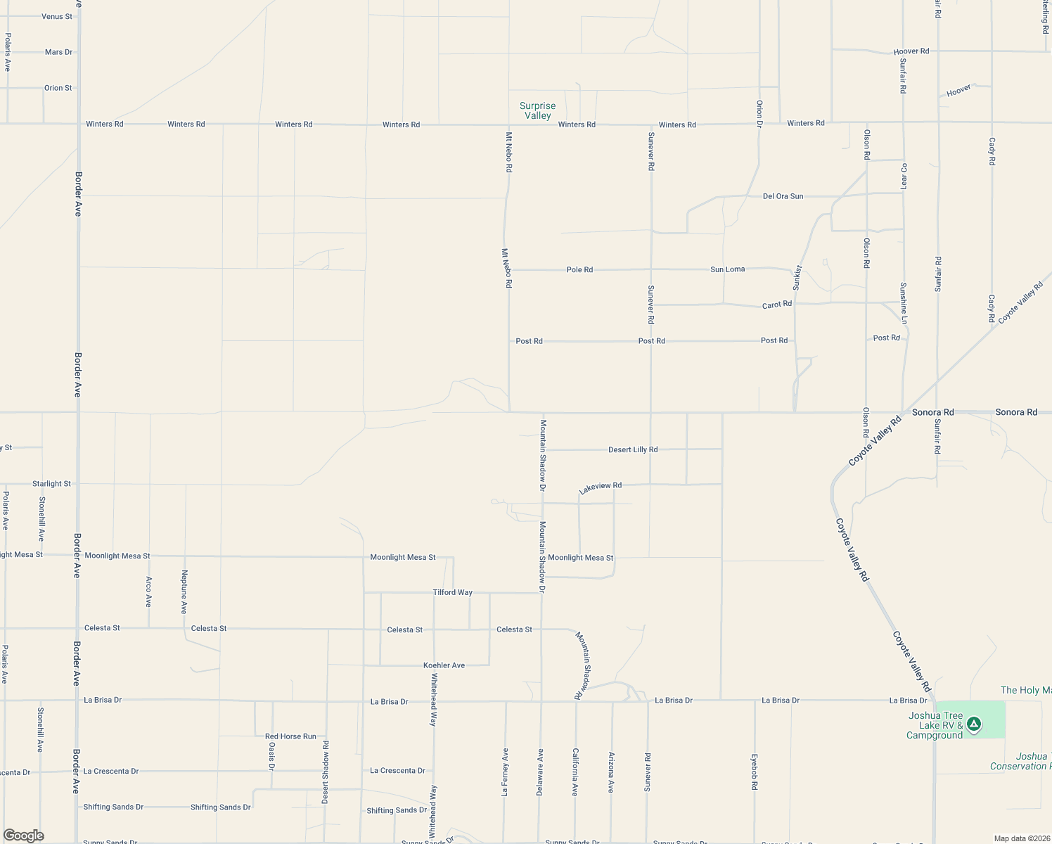map of restaurants, bars, coffee shops, grocery stores, and more near 1718 Mountain Shadow Road in Joshua Tree