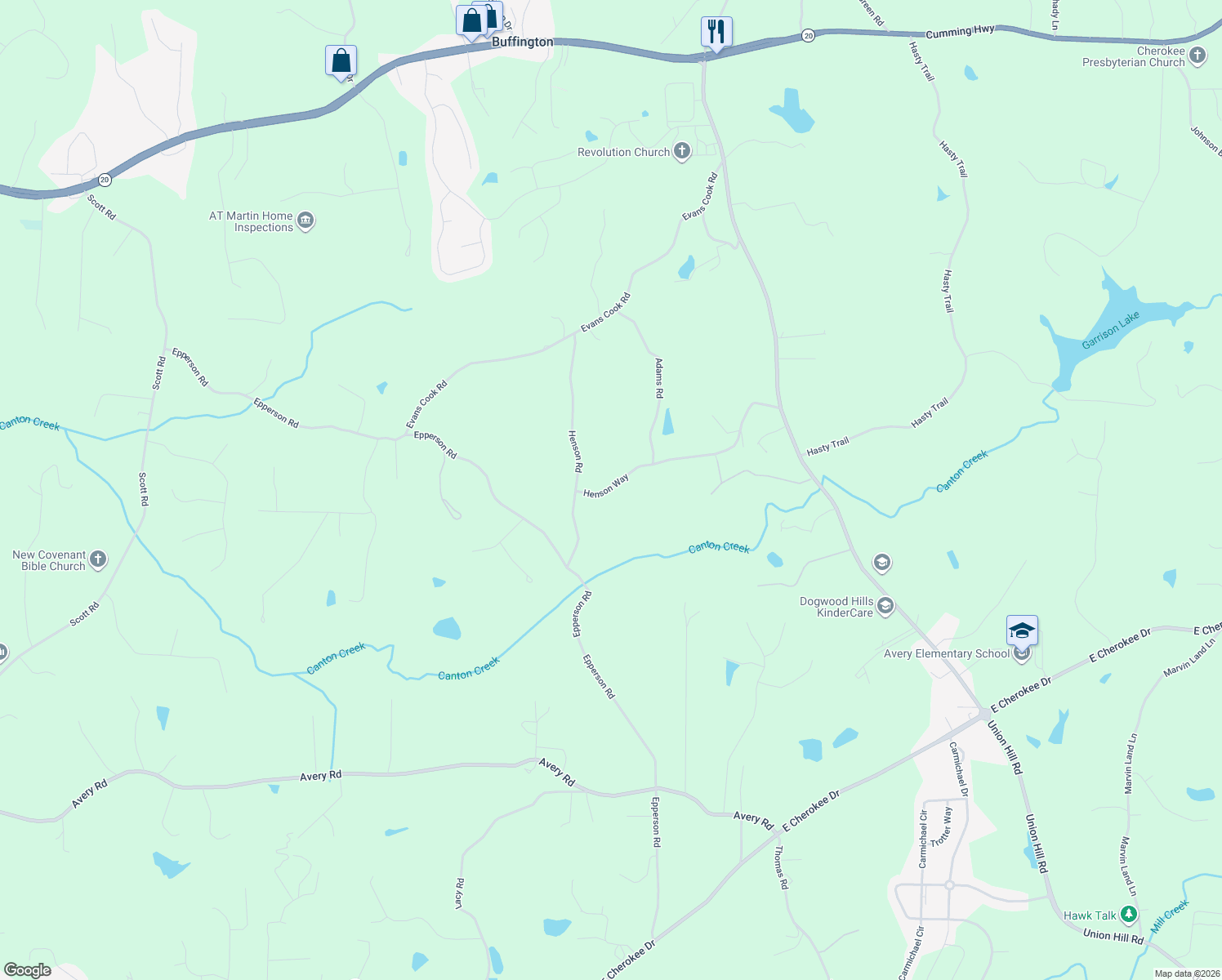 map of restaurants, bars, coffee shops, grocery stores, and more near 770 Henson Way in Canton