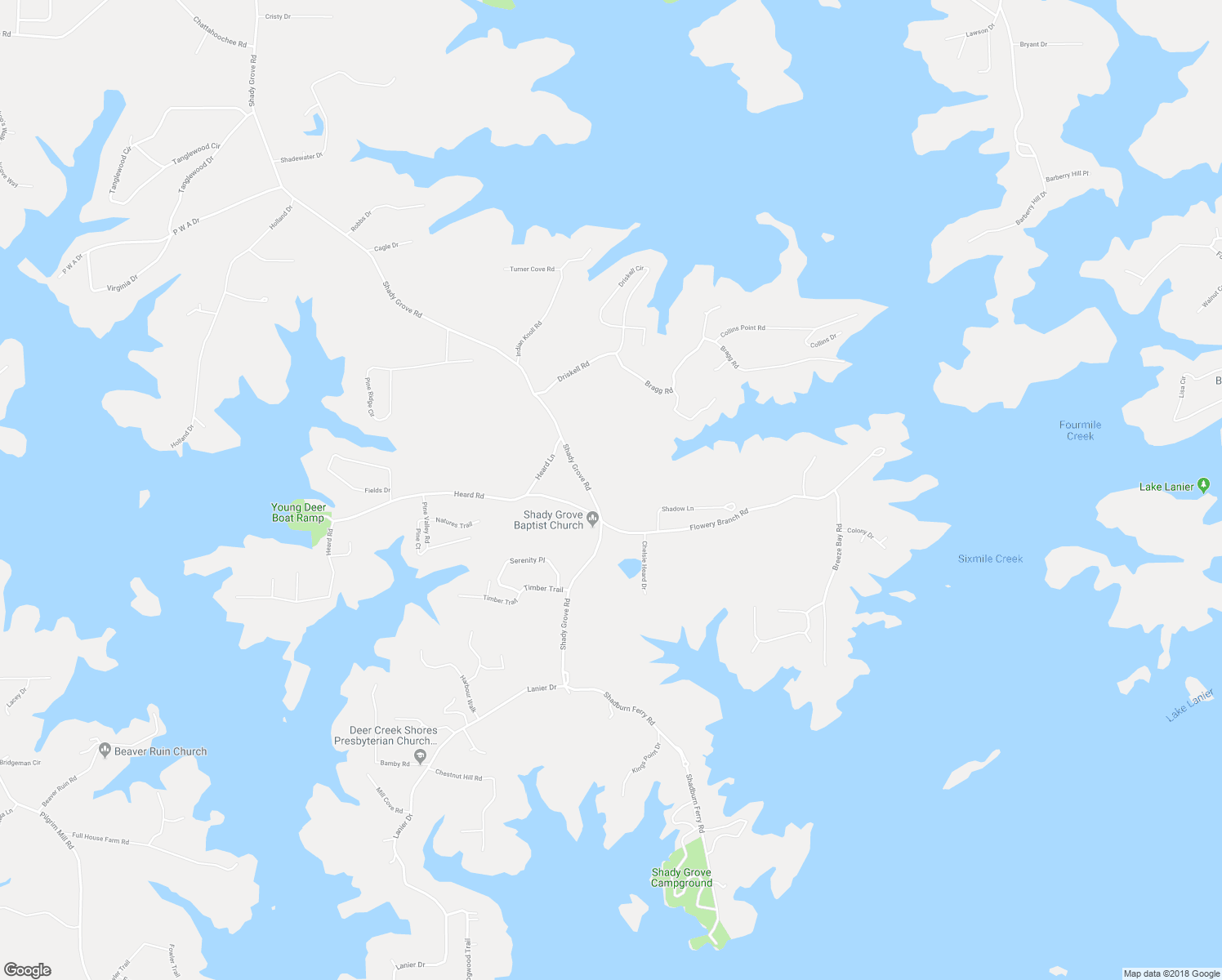 map of restaurants, bars, coffee shops, grocery stores, and more near 6705 Shady Grove Road in Cumming