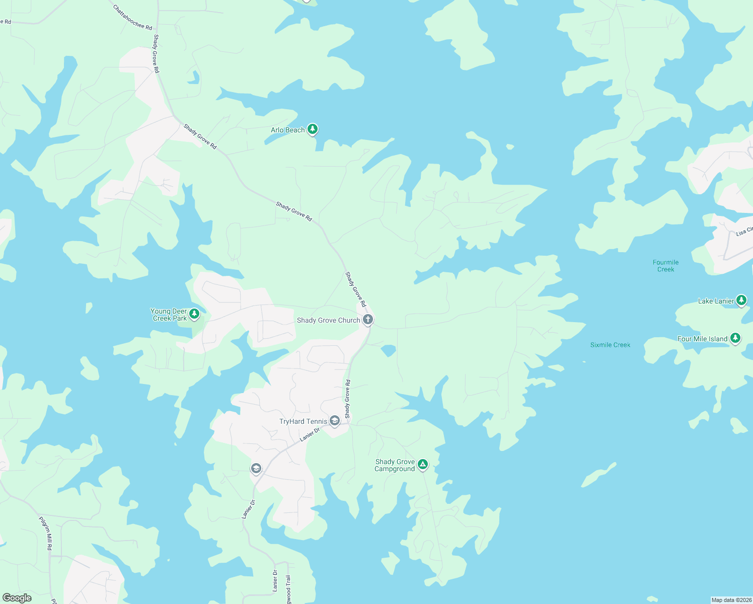 map of restaurants, bars, coffee shops, grocery stores, and more near 6705 Shady Grove Road in Cumming