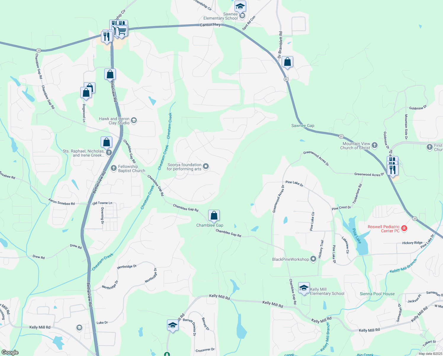 map of restaurants, bars, coffee shops, grocery stores, and more near 2890 Canter Meadow Drive in Cumming
