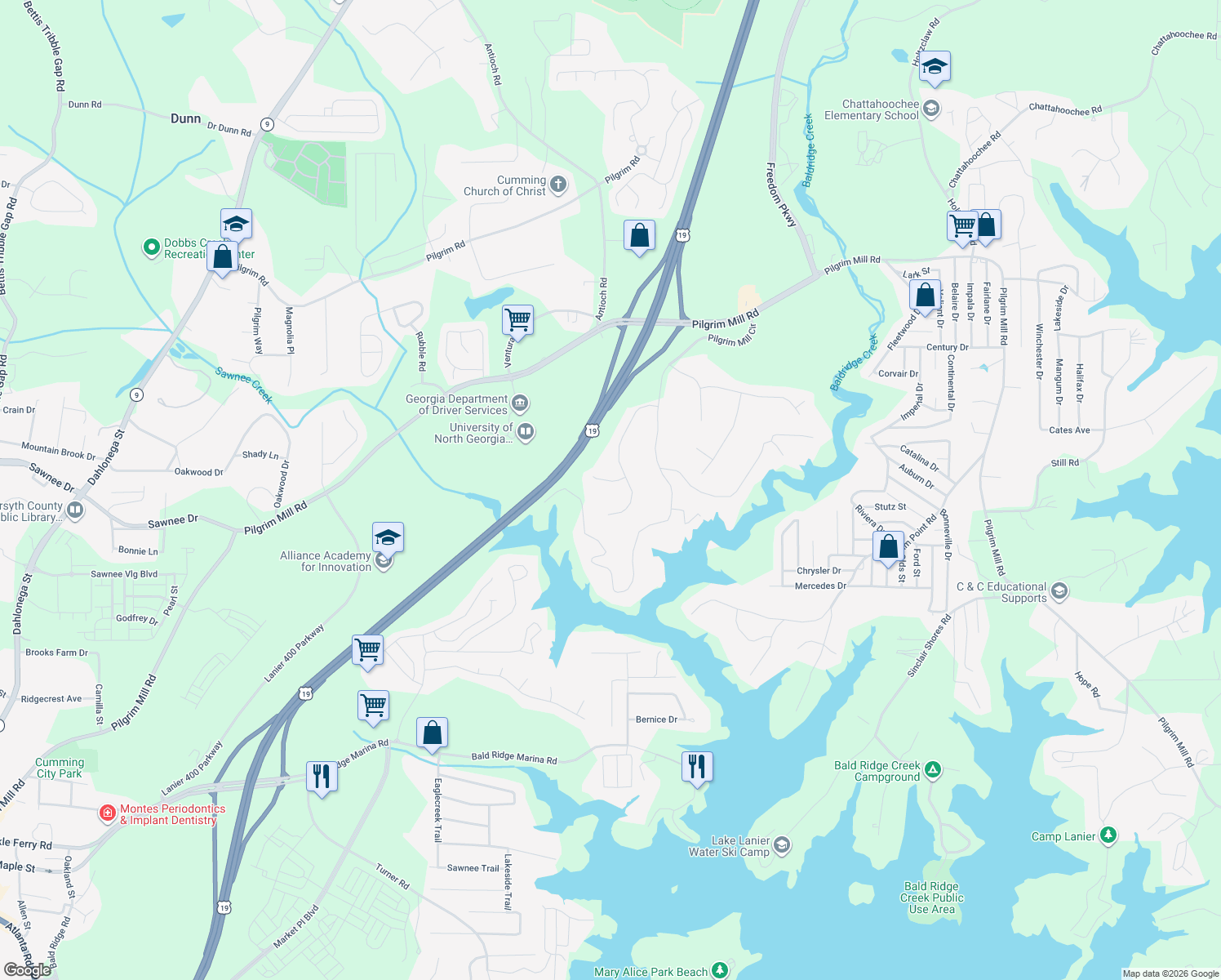 map of restaurants, bars, coffee shops, grocery stores, and more near 2015 Apple Valley Ct in Cumming