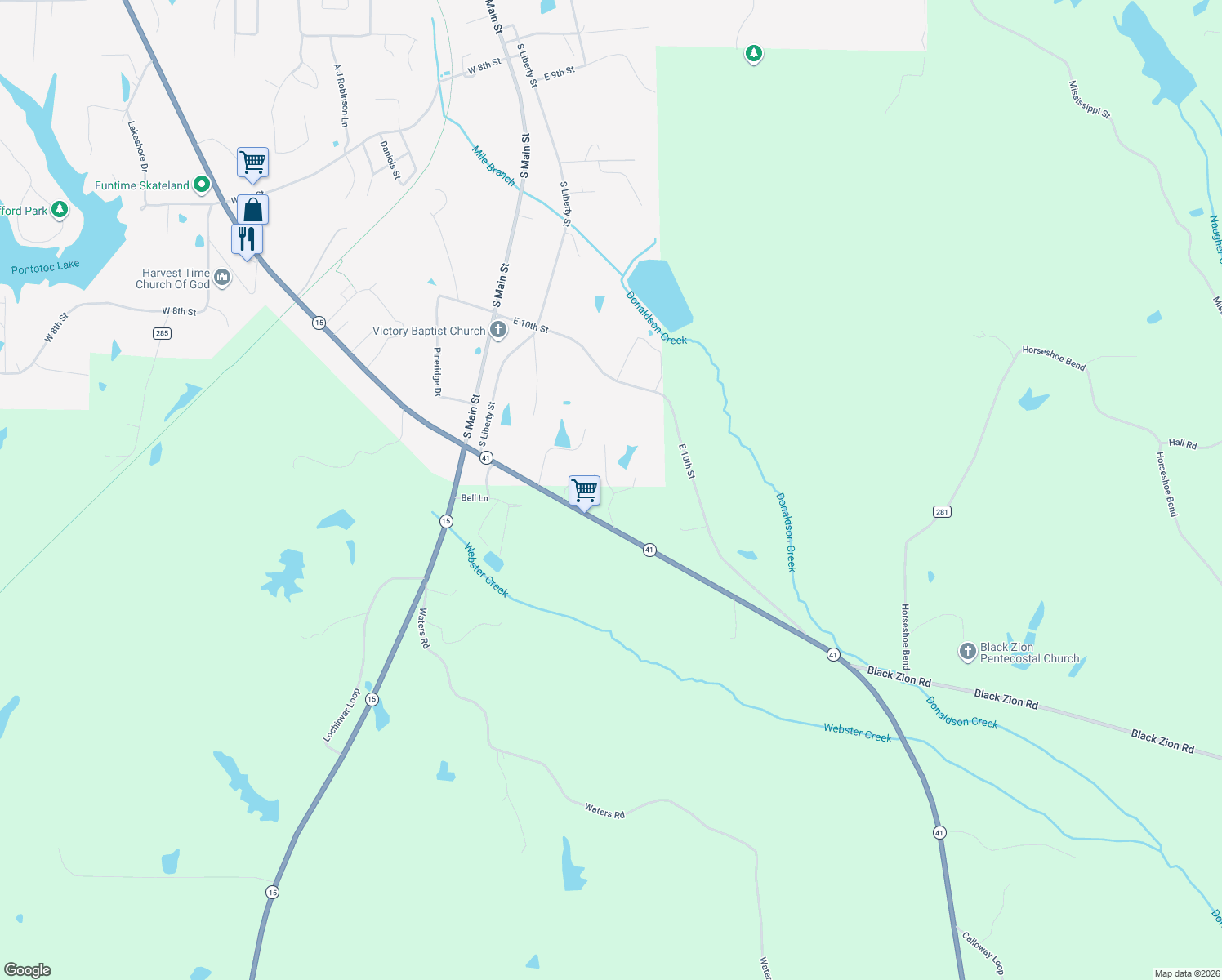 map of restaurants, bars, coffee shops, grocery stores, and more near Olde Towne Drive in Pontotoc