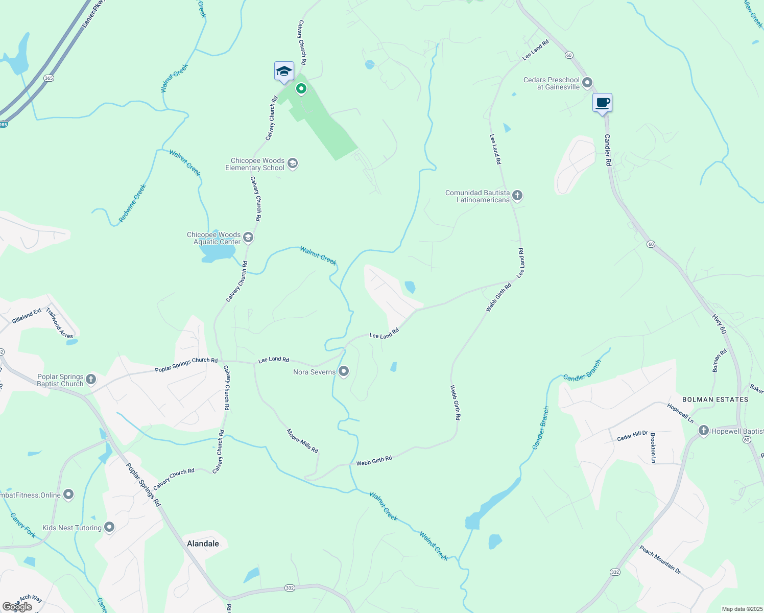 map of restaurants, bars, coffee shops, grocery stores, and more near 2631 Commander Drive in Gainesville