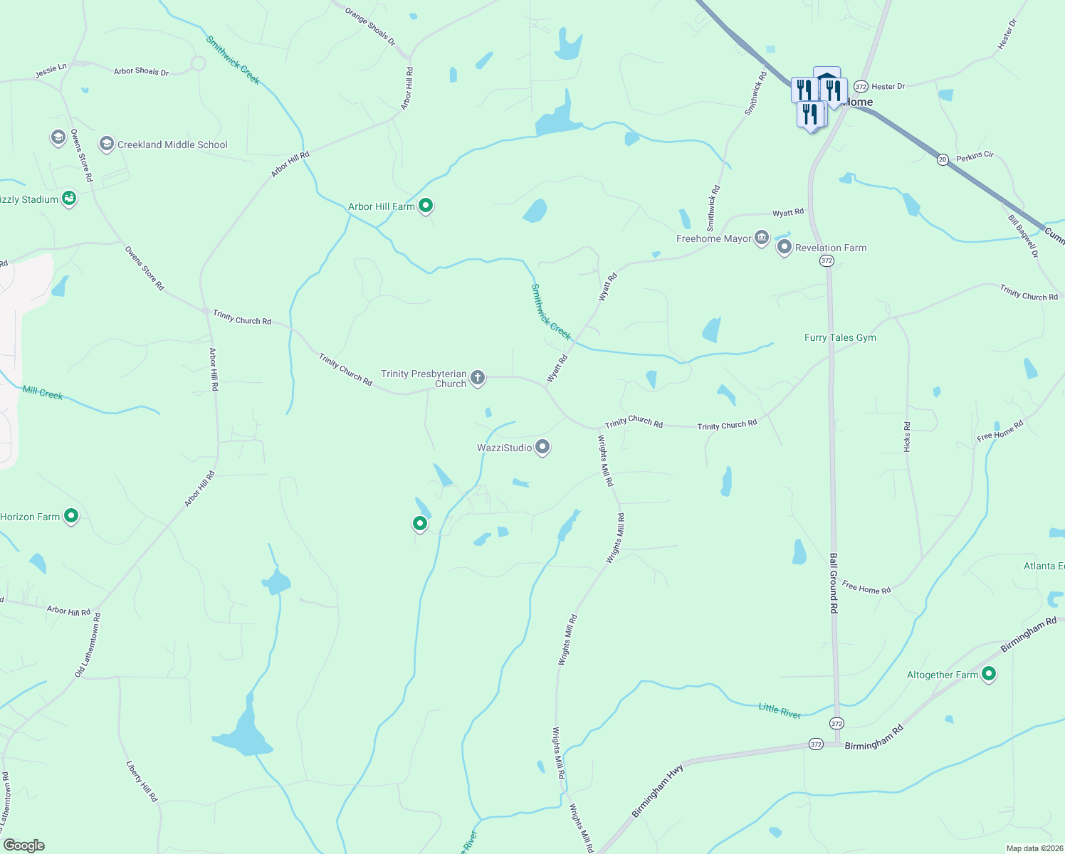 map of restaurants, bars, coffee shops, grocery stores, and more near 250 Trinity Lane in Canton