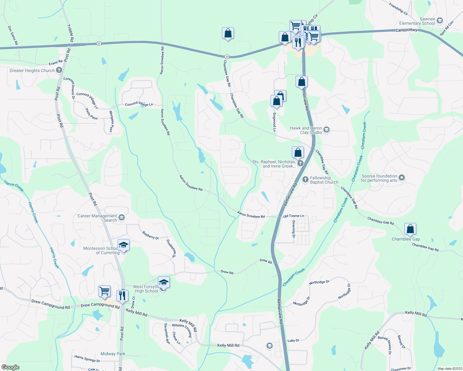 map of restaurants, bars, coffee shops, grocery stores, and more near 5130 Northview Lake in Cumming