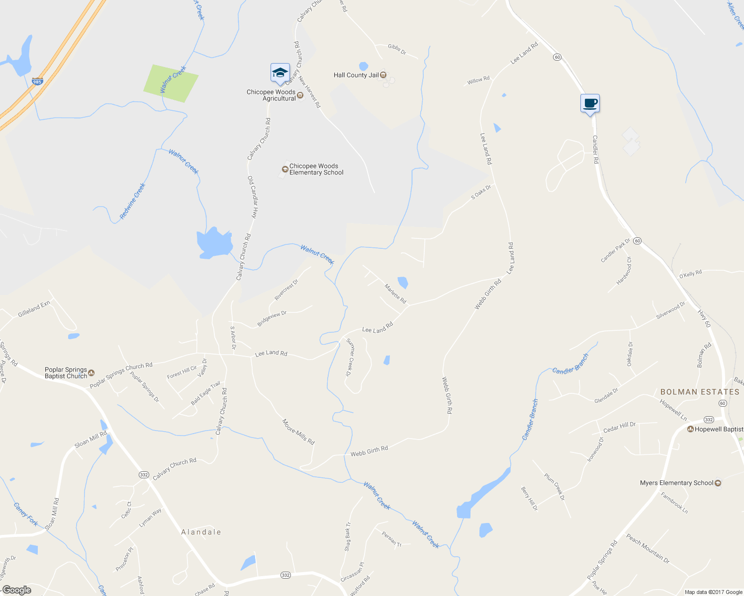 map of restaurants, bars, coffee shops, grocery stores, and more near 2631 Commander Drive in Gainesville