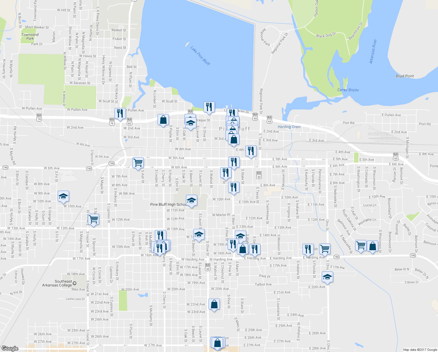 map of restaurants, bars, coffee shops, grocery stores, and more near 706 South Chestnut Street in Pine Bluff
