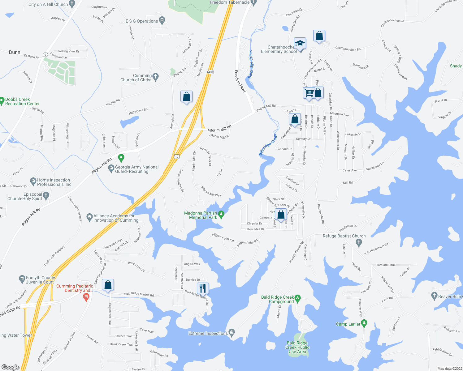 map of restaurants, bars, coffee shops, grocery stores, and more near 2210 Pilgrim Mill Way in Cumming
