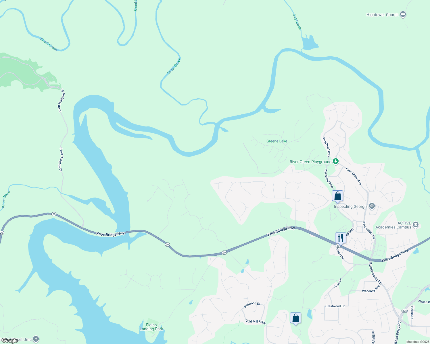 map of restaurants, bars, coffee shops, grocery stores, and more near 7382 Knox Bridge Highway in Canton