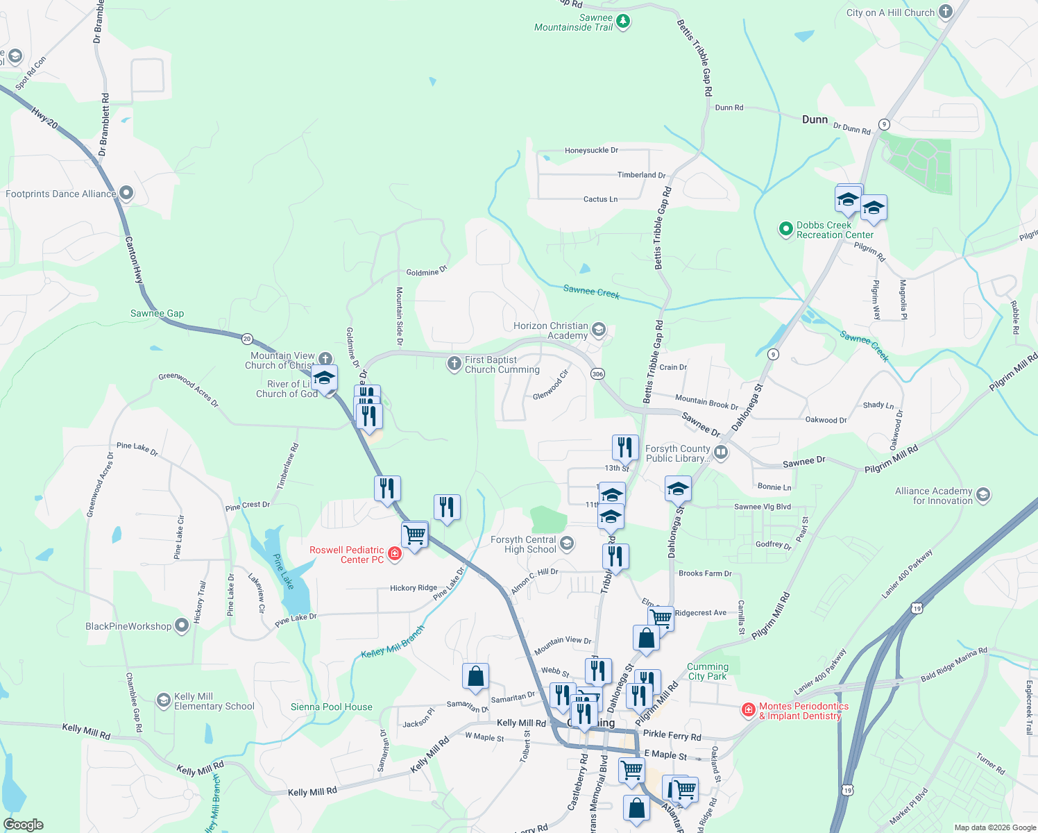 map of restaurants, bars, coffee shops, grocery stores, and more near 1710 Juliette Ln in Cumming