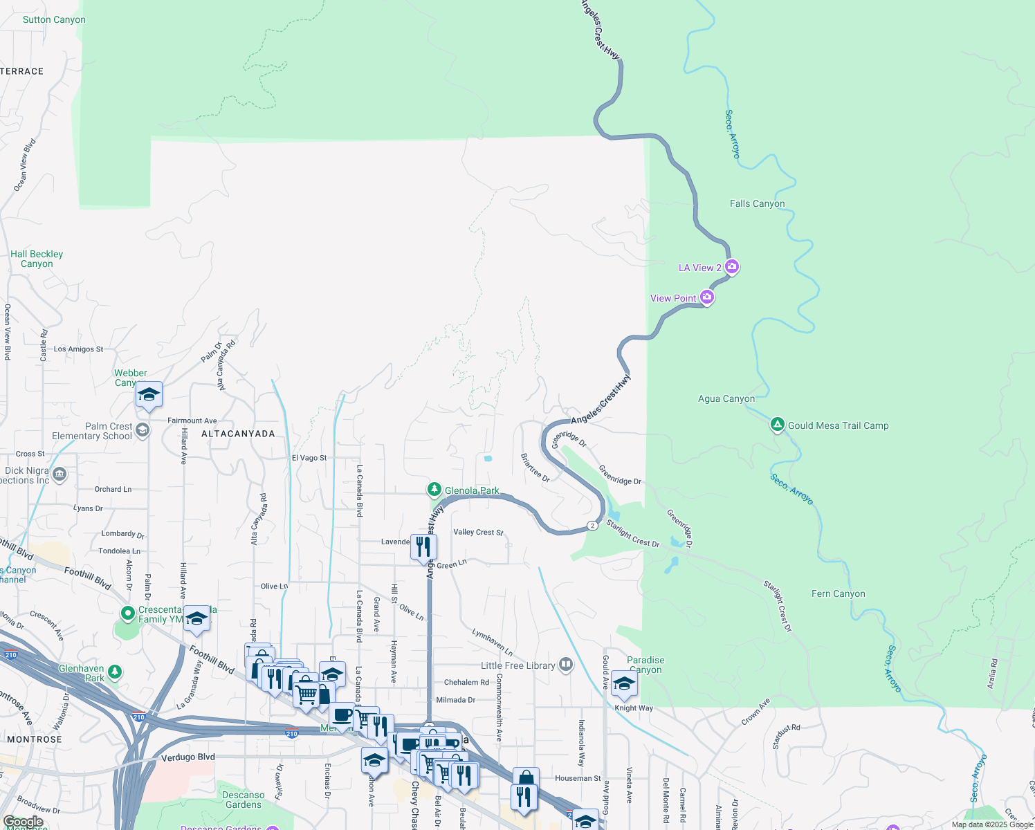 map of restaurants, bars, coffee shops, grocery stores, and more near 943 Bay Tree Road in La Cañada Flintridge