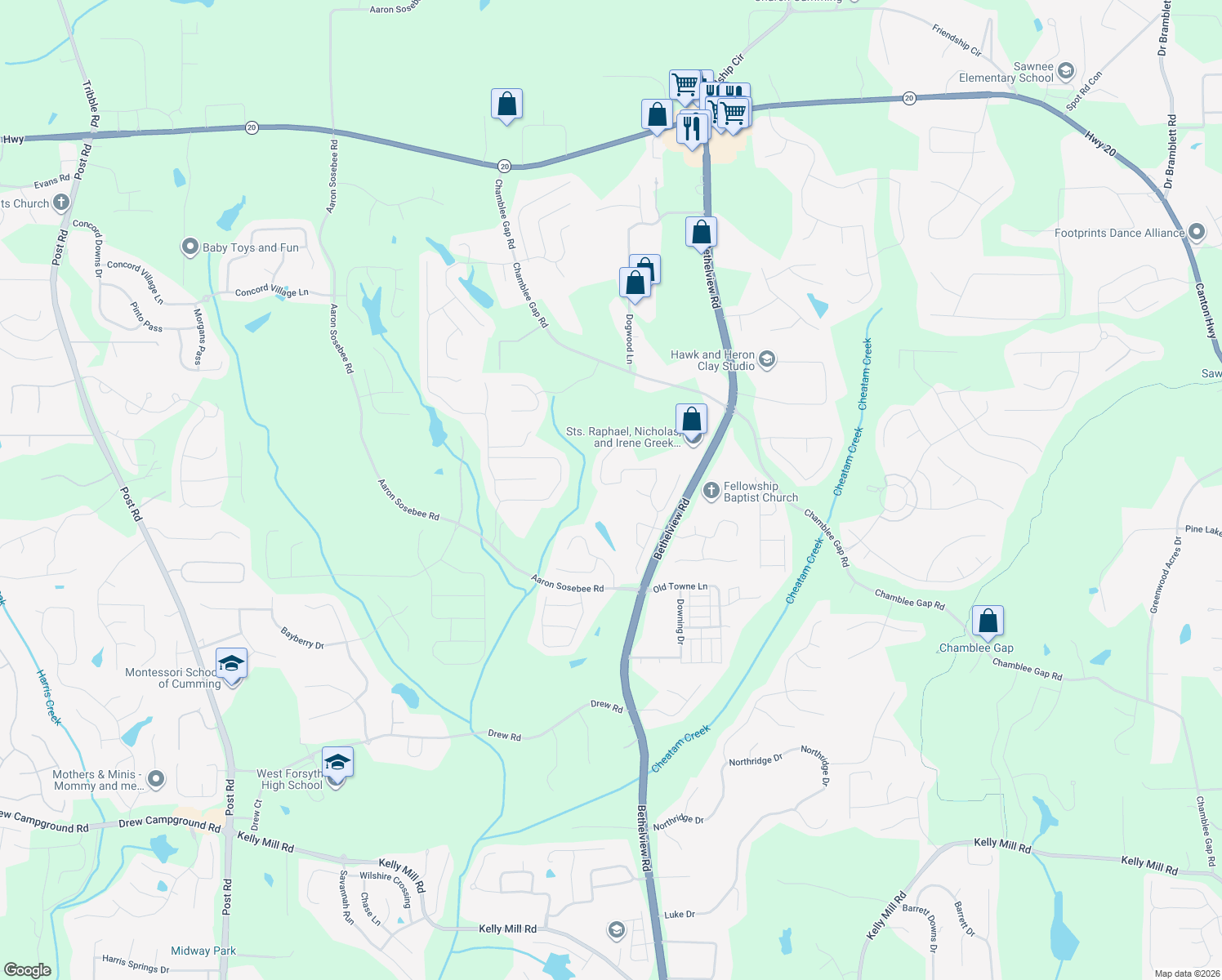 map of restaurants, bars, coffee shops, grocery stores, and more near 3695 Valleyway Road in Cumming