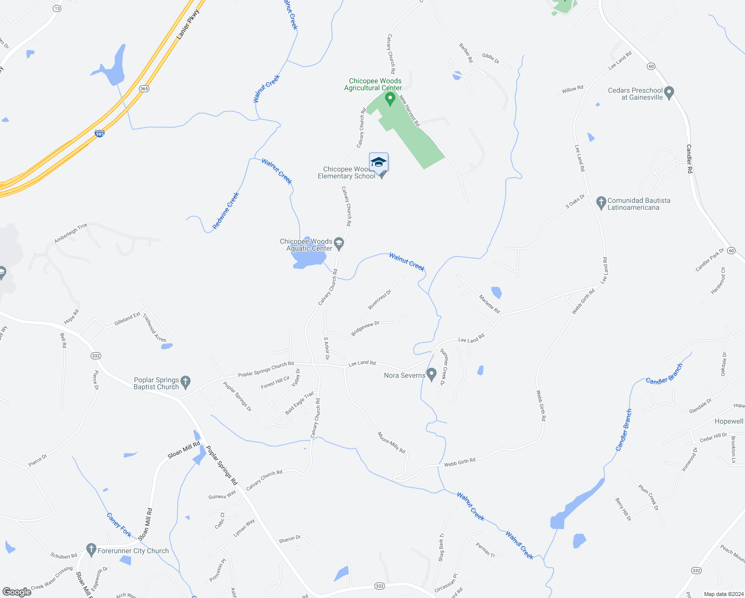 map of restaurants, bars, coffee shops, grocery stores, and more near 2939 Rivercrest Drive in Gainesville