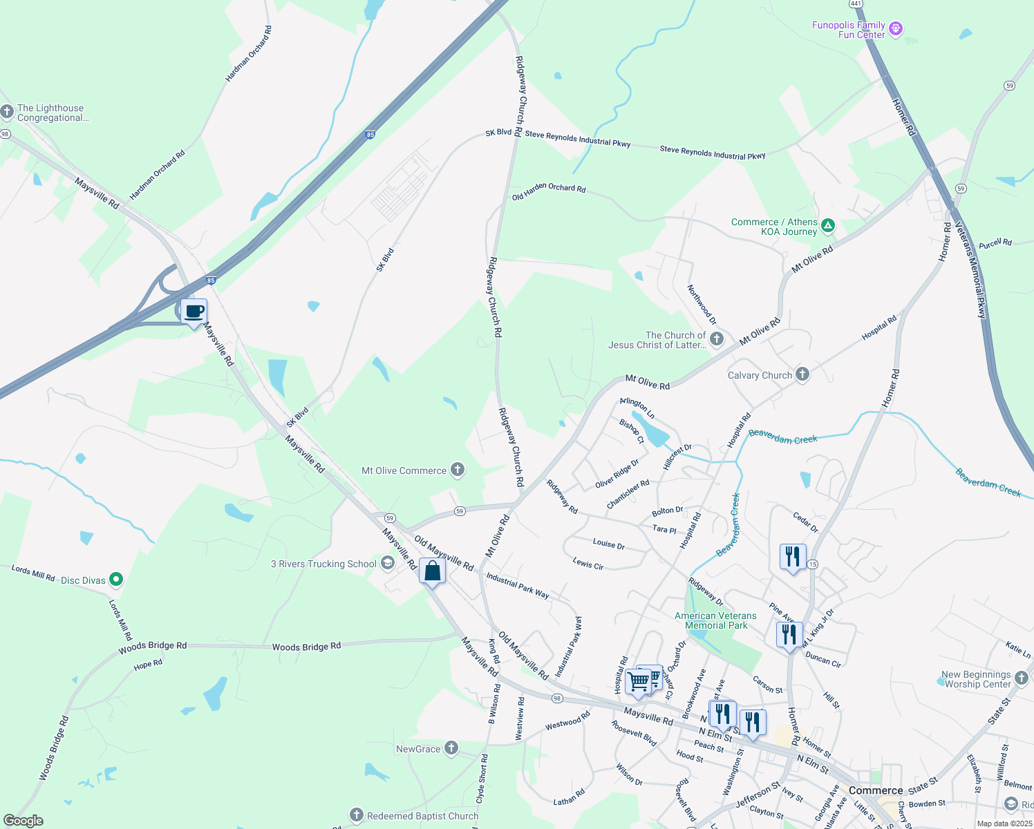 map of restaurants, bars, coffee shops, grocery stores, and more near 282 Ridgeway Church Road in Commerce