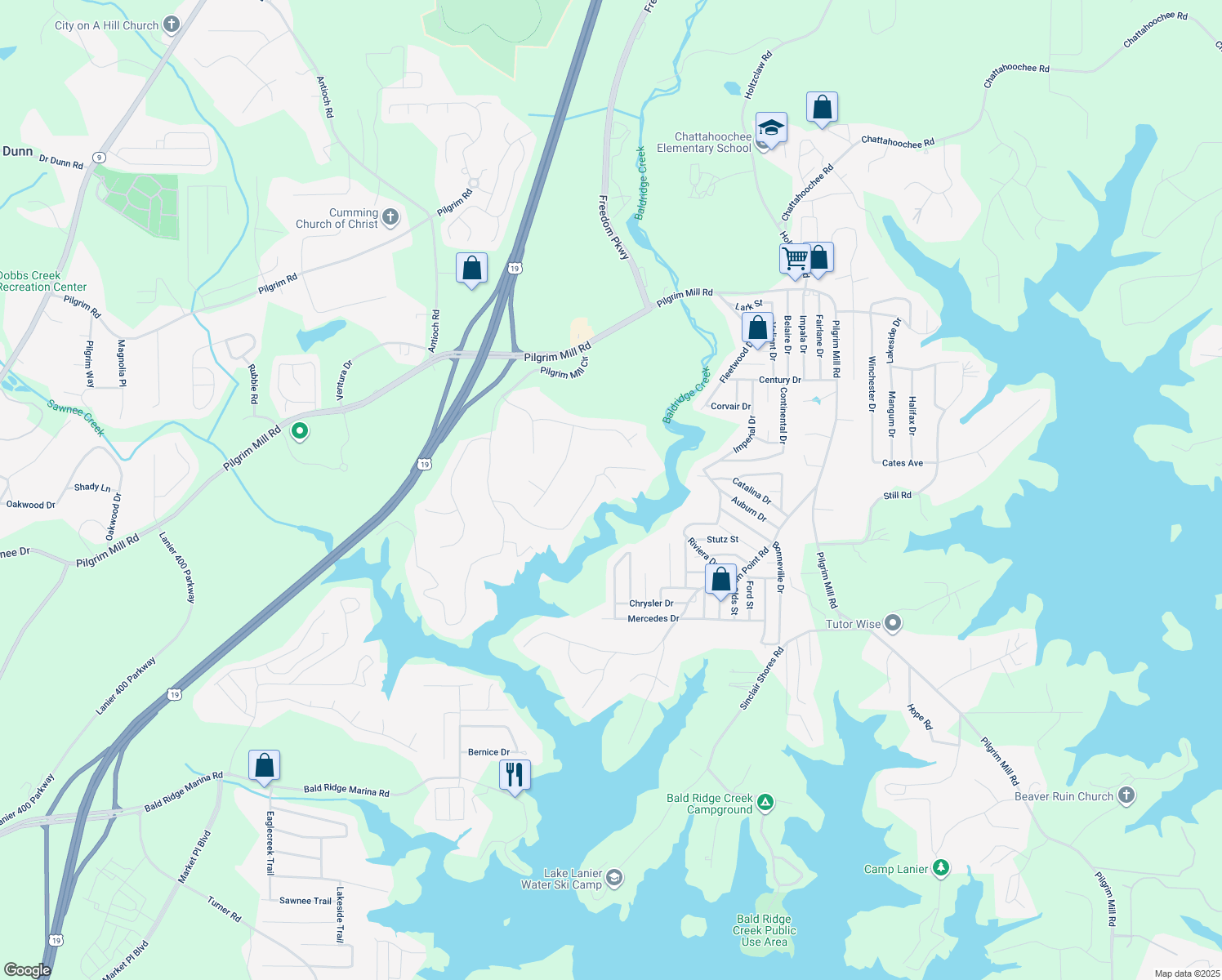 map of restaurants, bars, coffee shops, grocery stores, and more near 2320 Pilgrim Mill Way in Cumming