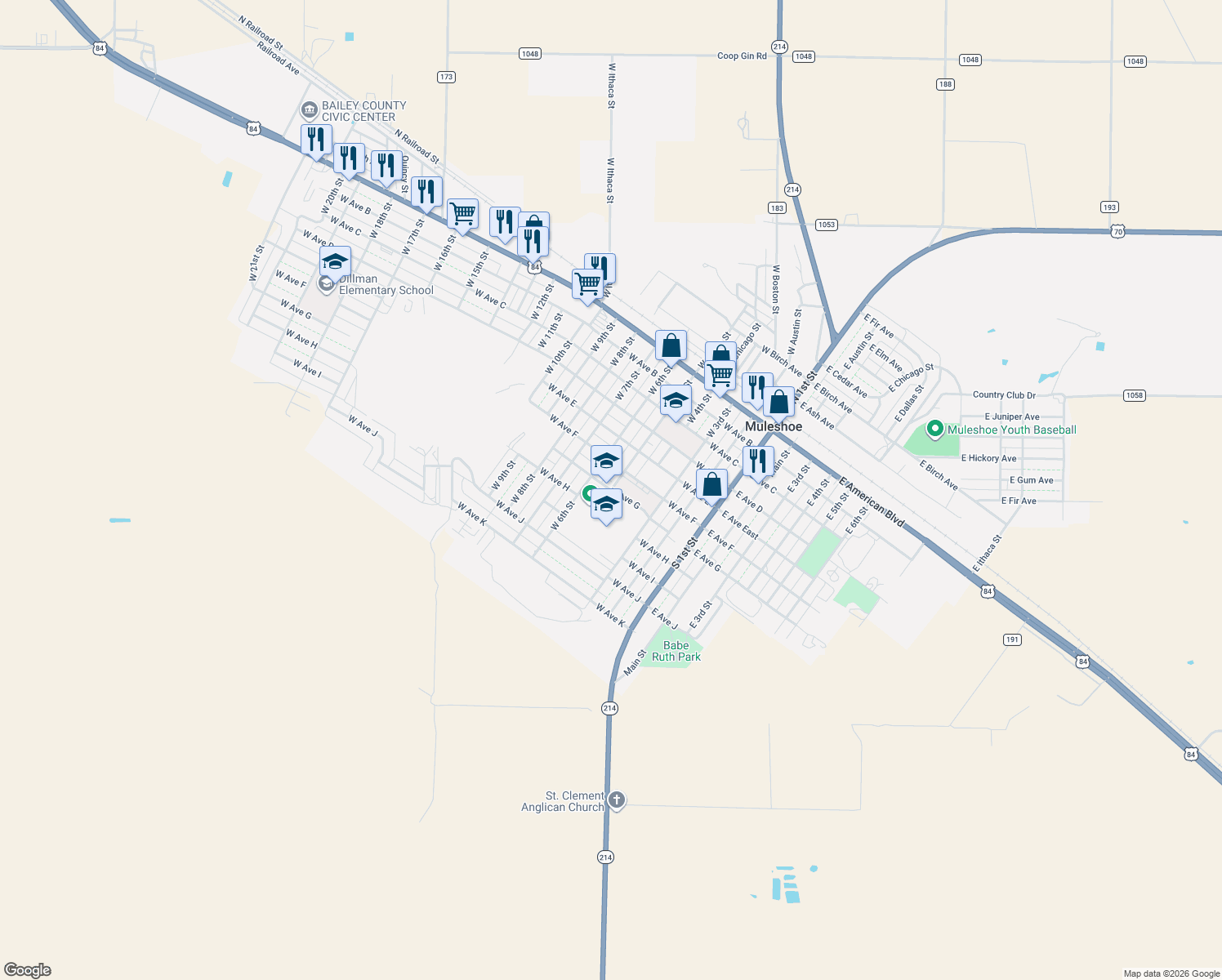 map of restaurants, bars, coffee shops, grocery stores, and more near 699 West 5th Street in Muleshoe