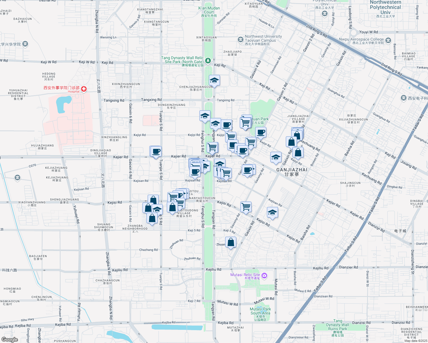 map of restaurants, bars, coffee shops, grocery stores, and more near Tang Yan Lu in Xi An Shi