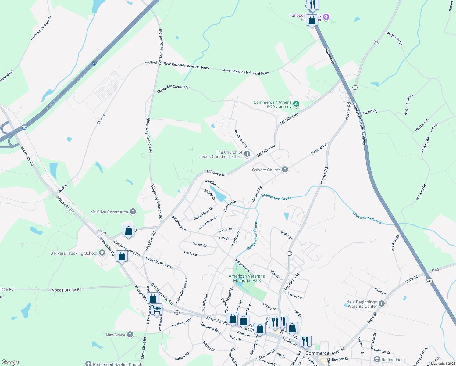 map of restaurants, bars, coffee shops, grocery stores, and more near 64 Sherwood Dr in Commerce