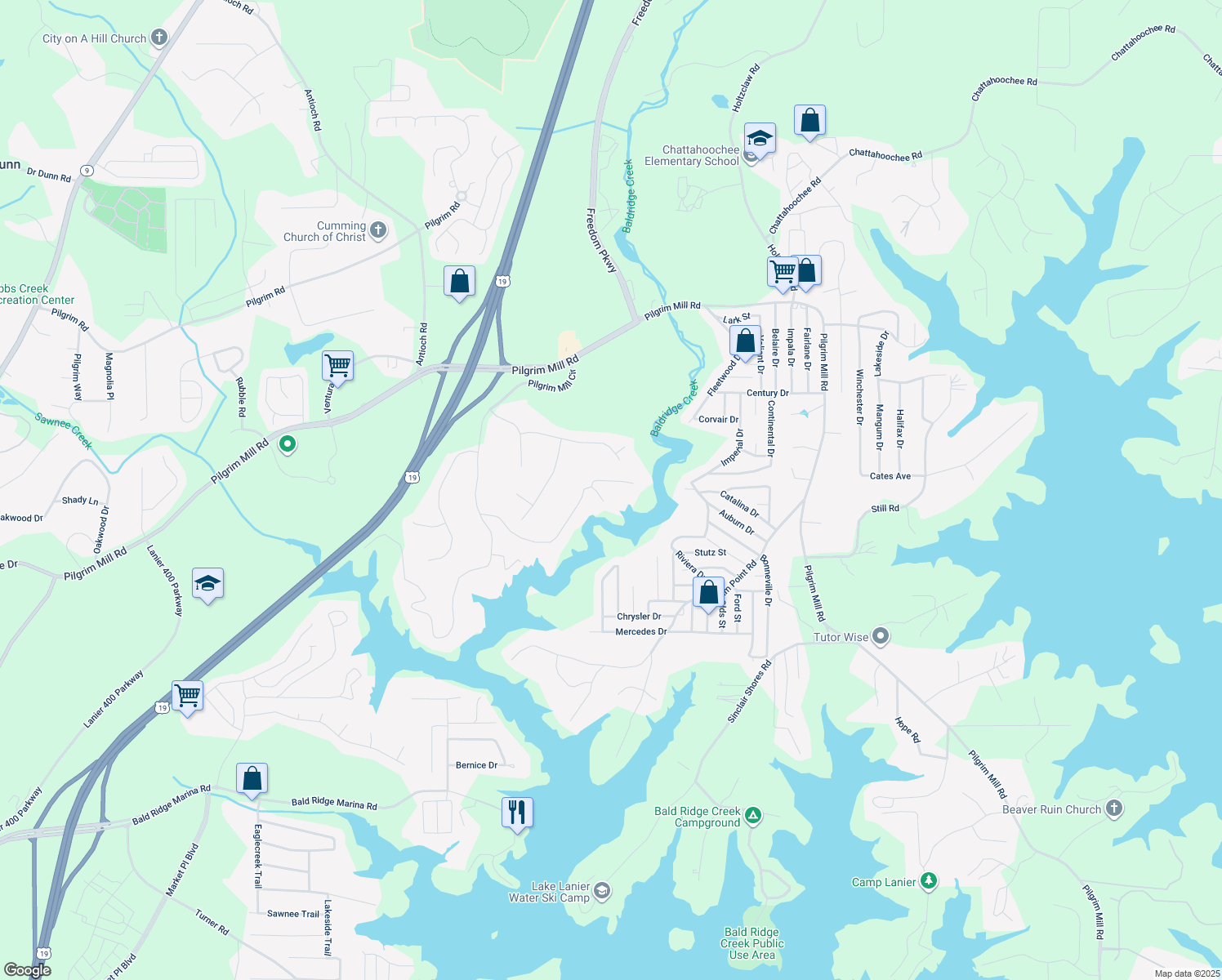 map of restaurants, bars, coffee shops, grocery stores, and more near 2320 Pilgrim Mill Way in Cumming