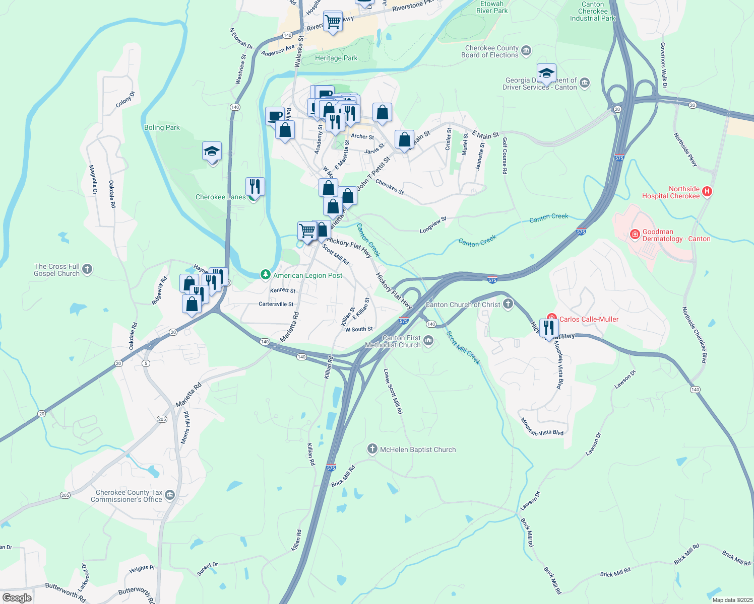 map of restaurants, bars, coffee shops, grocery stores, and more near 581 Scott Mill Rd in Canton