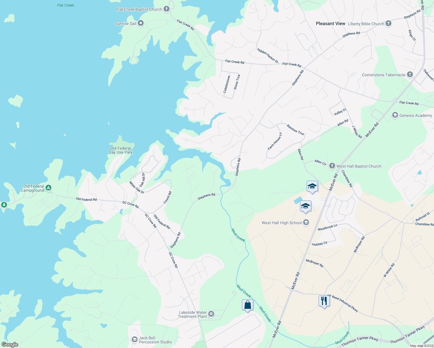 map of restaurants, bars, coffee shops, grocery stores, and more near 5046 Mckinzey Lane in Flowery Branch
