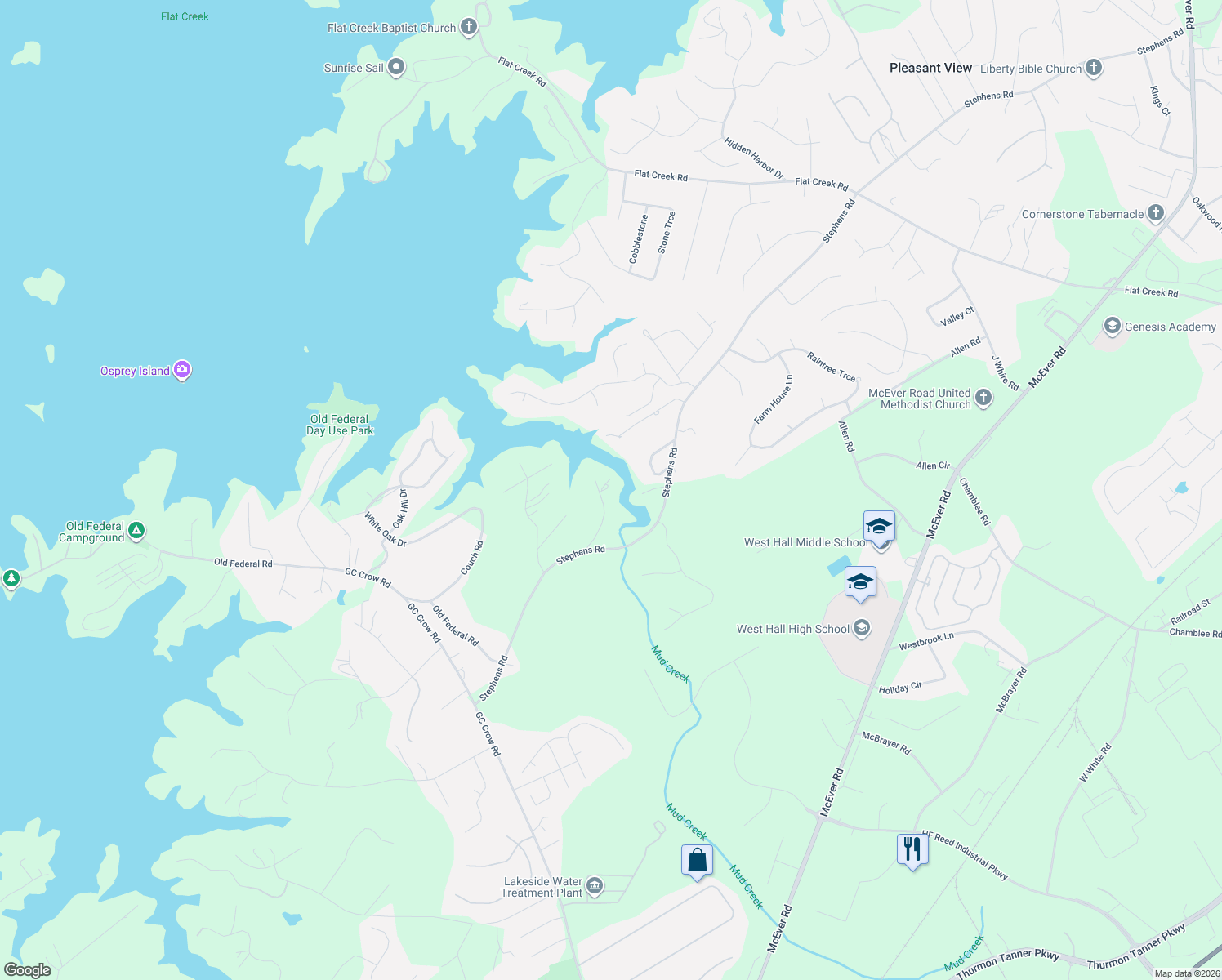 map of restaurants, bars, coffee shops, grocery stores, and more near 5046 Mckenzey Lane in Flowery Branch