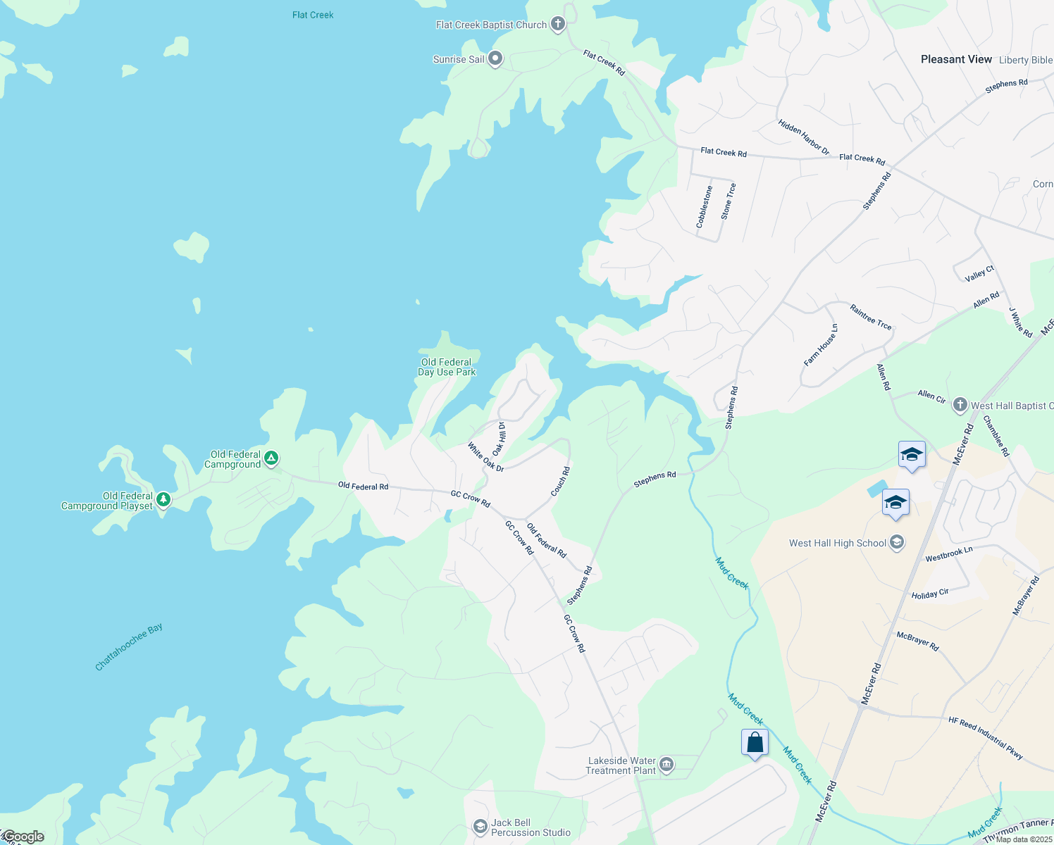 map of restaurants, bars, coffee shops, grocery stores, and more near 6135 White Oak Drive in Flowery Branch