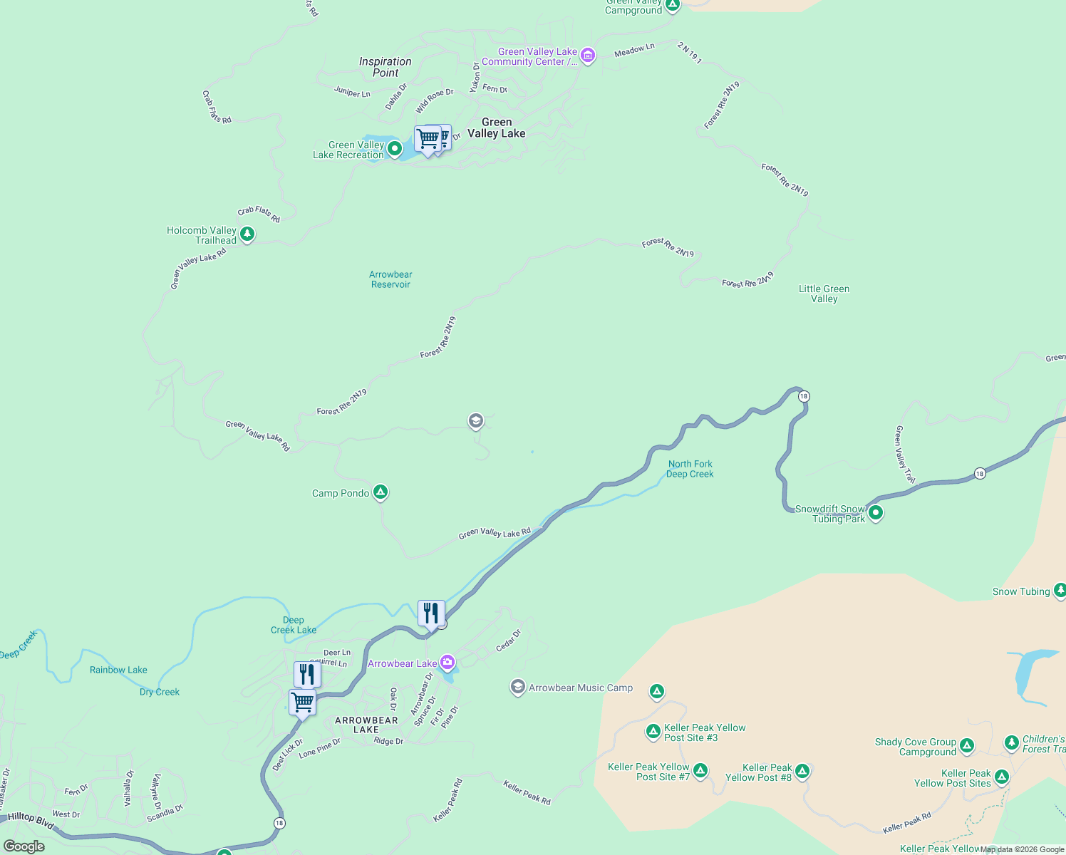 map of restaurants, bars, coffee shops, grocery stores, and more near 2 Green Valley Lake Road in Green Valley Lake