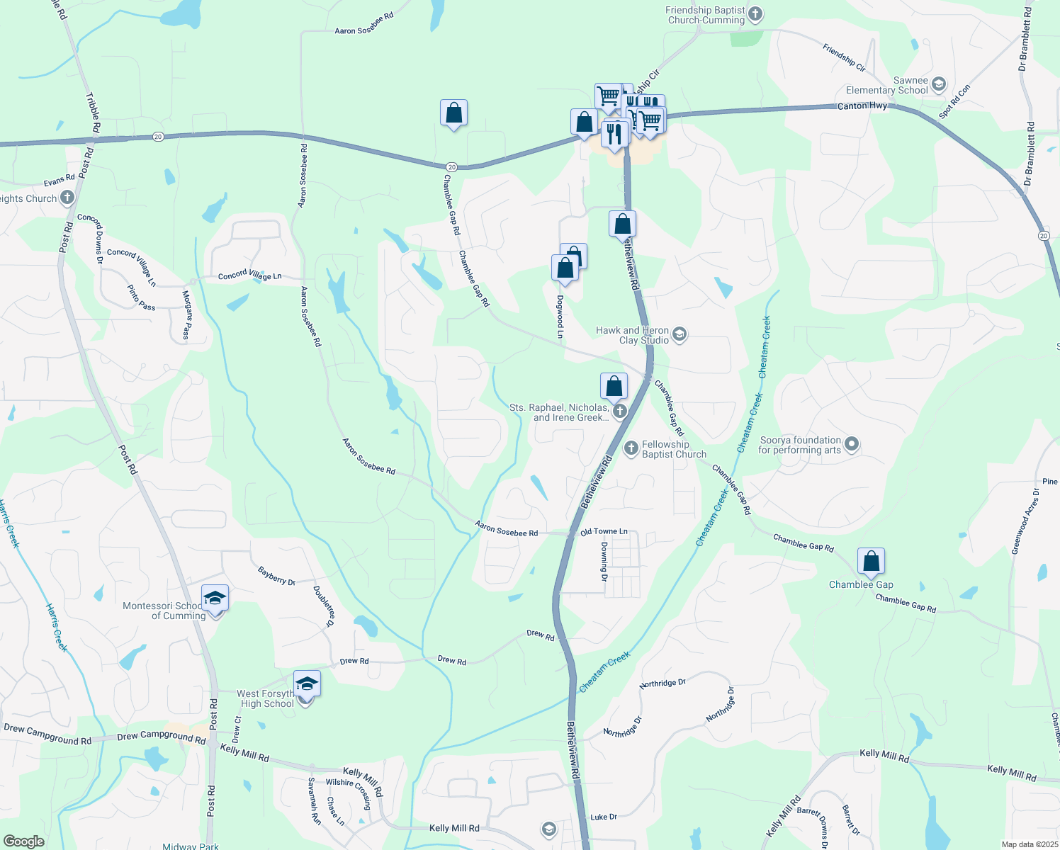 map of restaurants, bars, coffee shops, grocery stores, and more near 3755 Valleyway Road in Cumming
