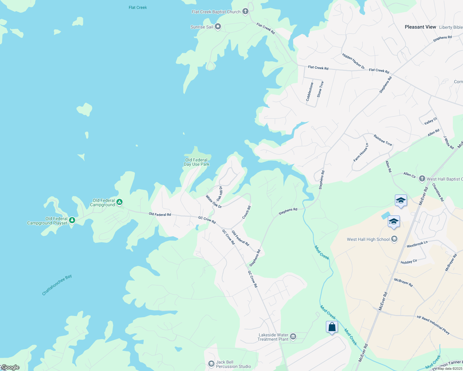 map of restaurants, bars, coffee shops, grocery stores, and more near 6135 White Oak Drive in Flowery Branch