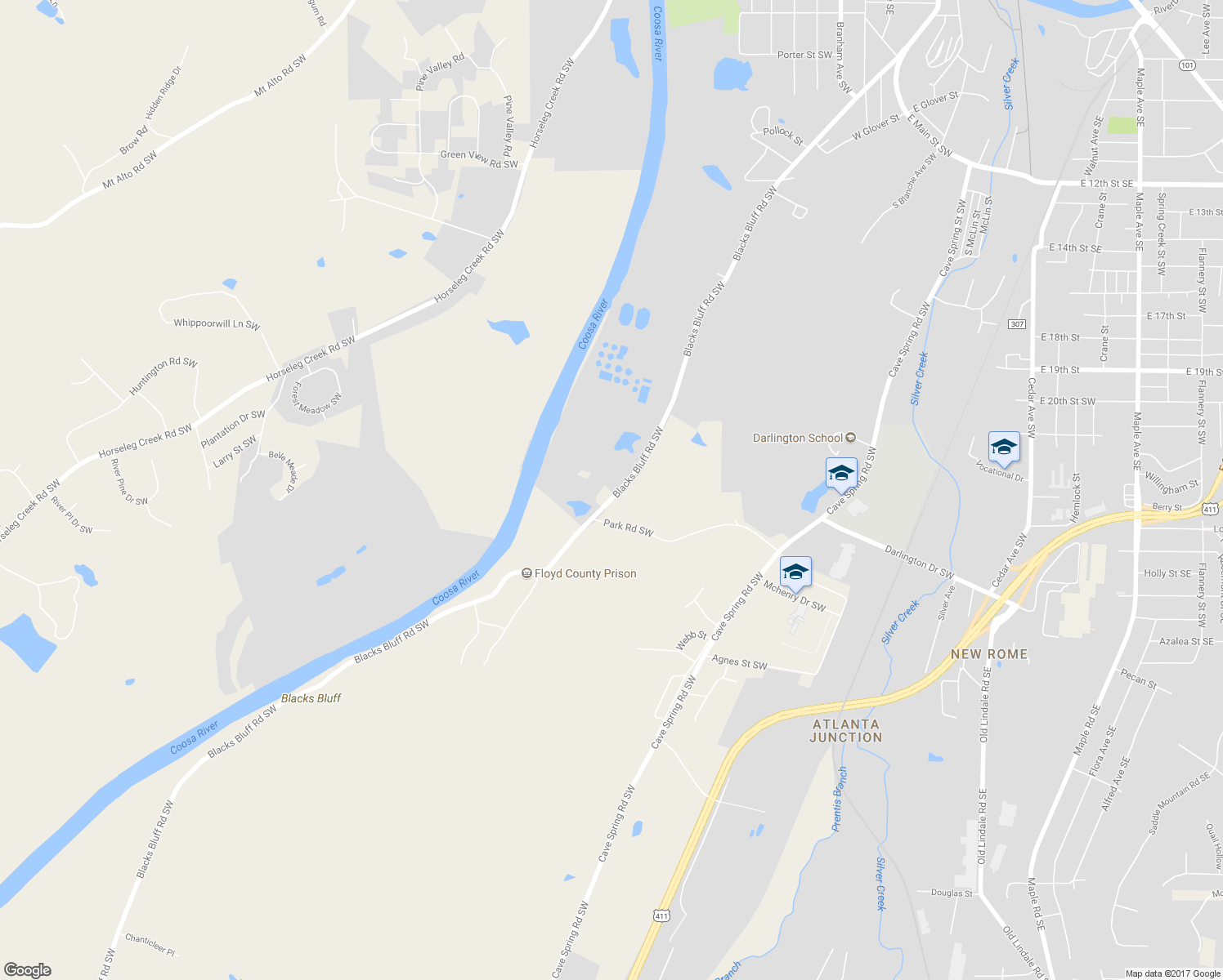 map of restaurants, bars, coffee shops, grocery stores, and more near 260 Blacks Bluff Road Southwest in Rome