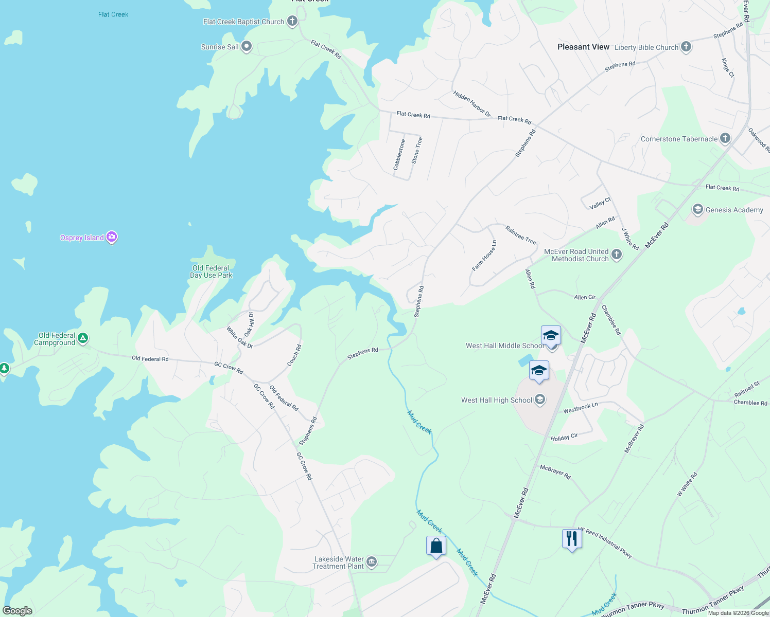 map of restaurants, bars, coffee shops, grocery stores, and more near 5046 Mckenzey Lane in Flowery Branch