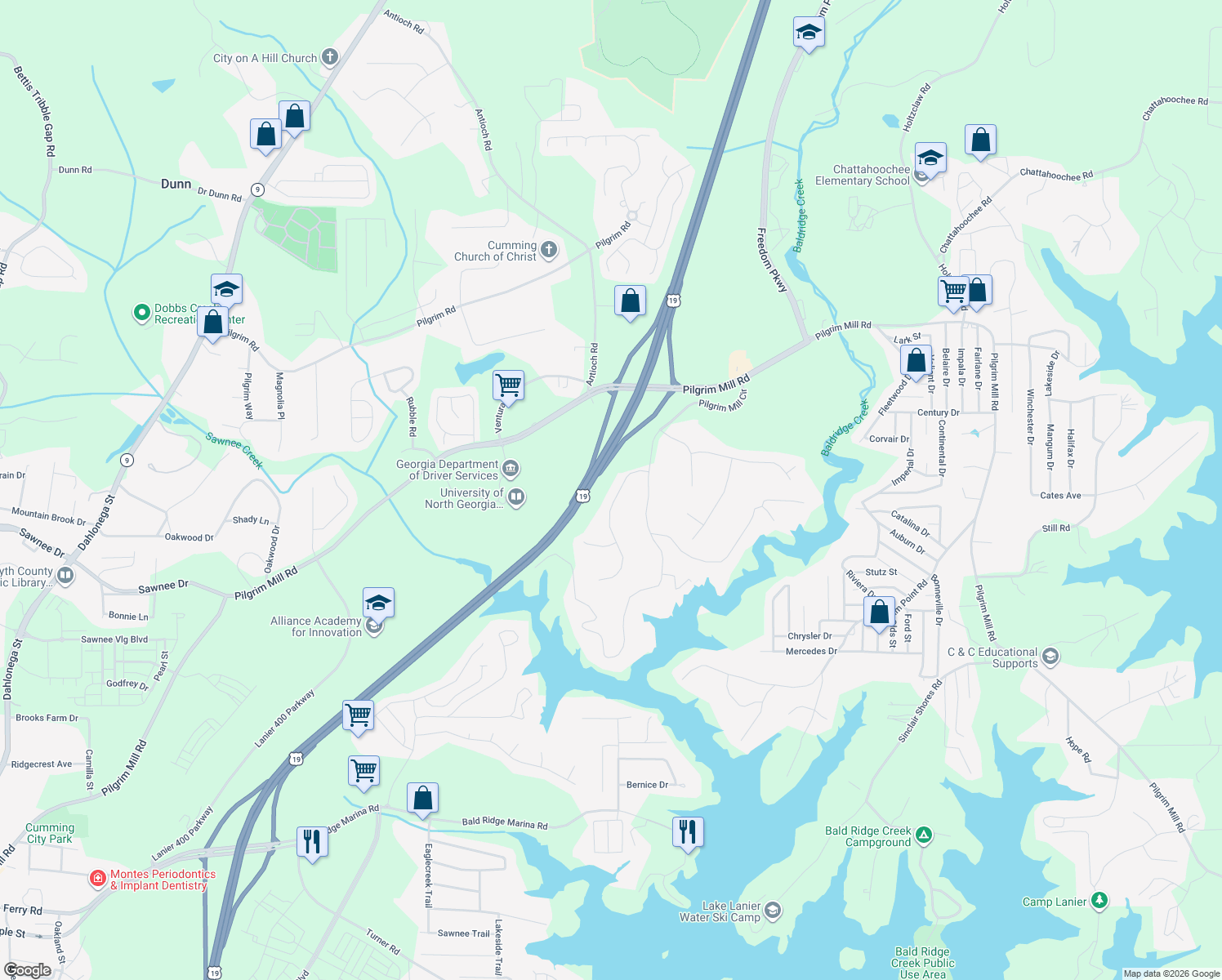 map of restaurants, bars, coffee shops, grocery stores, and more near 1930 Lanier Heights Dr in Cumming