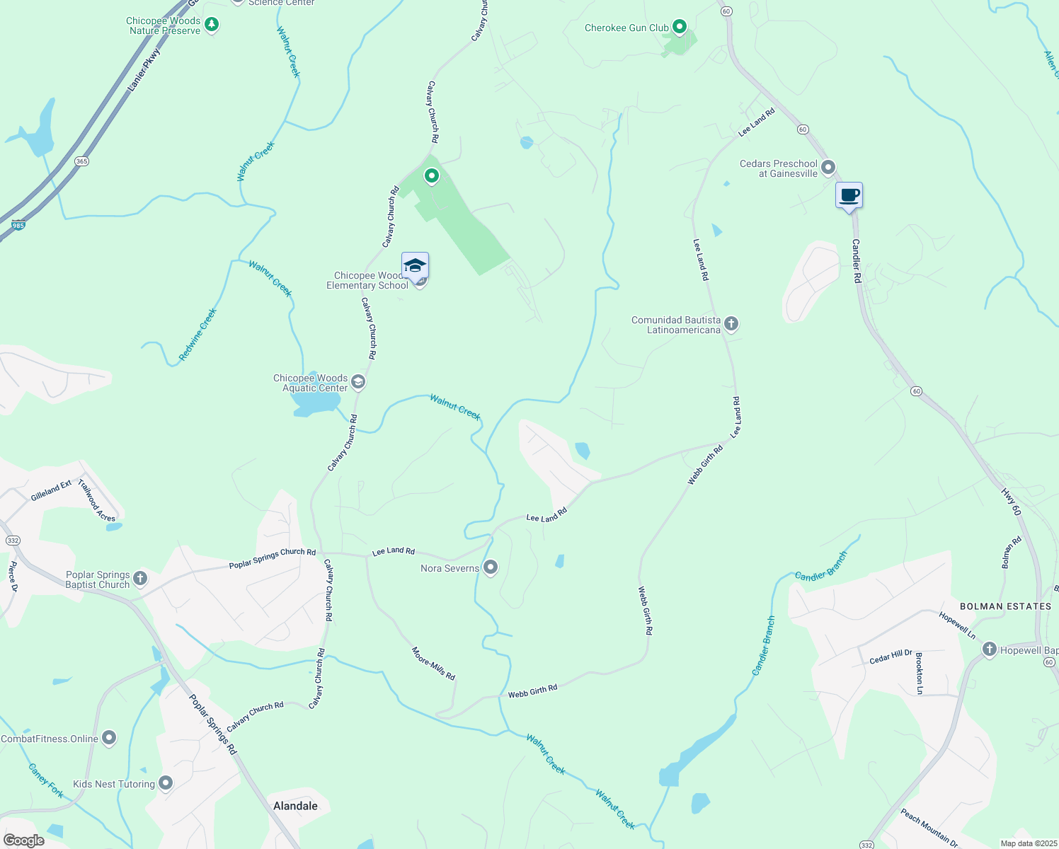 map of restaurants, bars, coffee shops, grocery stores, and more near 2700 Marlette Road in Gainesville