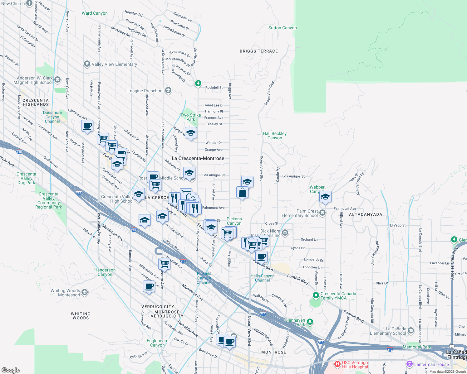 map of restaurants, bars, coffee shops, grocery stores, and more near 4812 Briggs Avenue in La Crescenta-Montrose