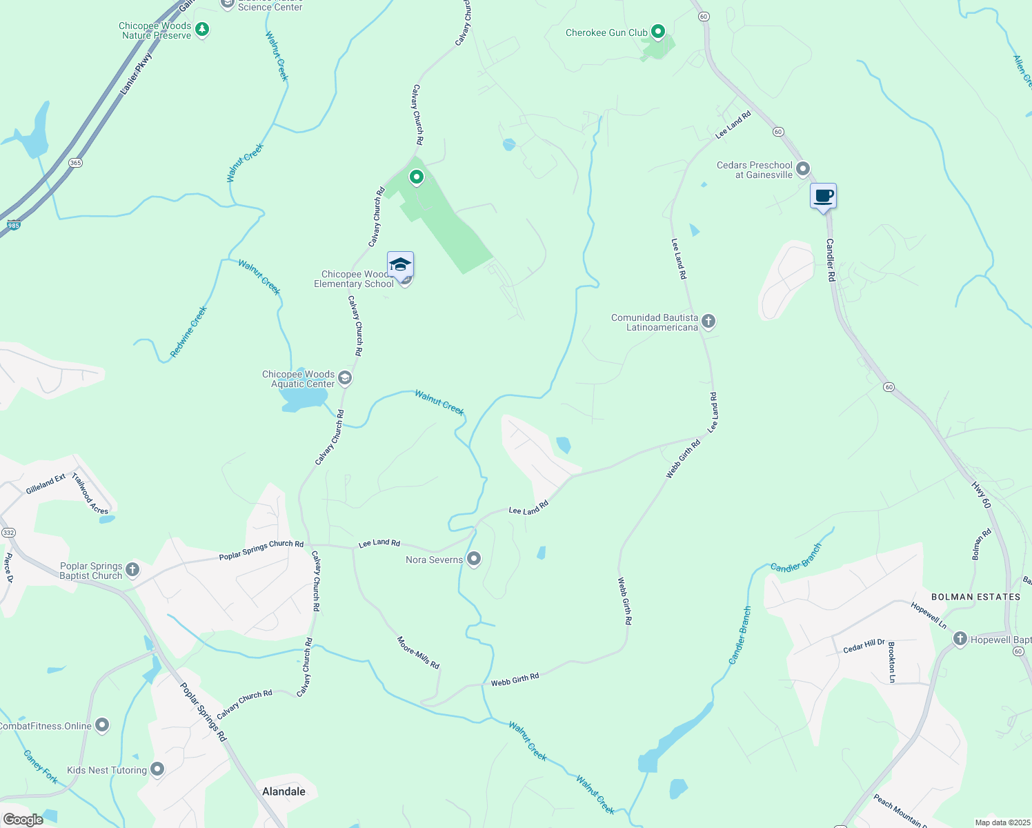 map of restaurants, bars, coffee shops, grocery stores, and more near 2700 Marlette Road in Gainesville