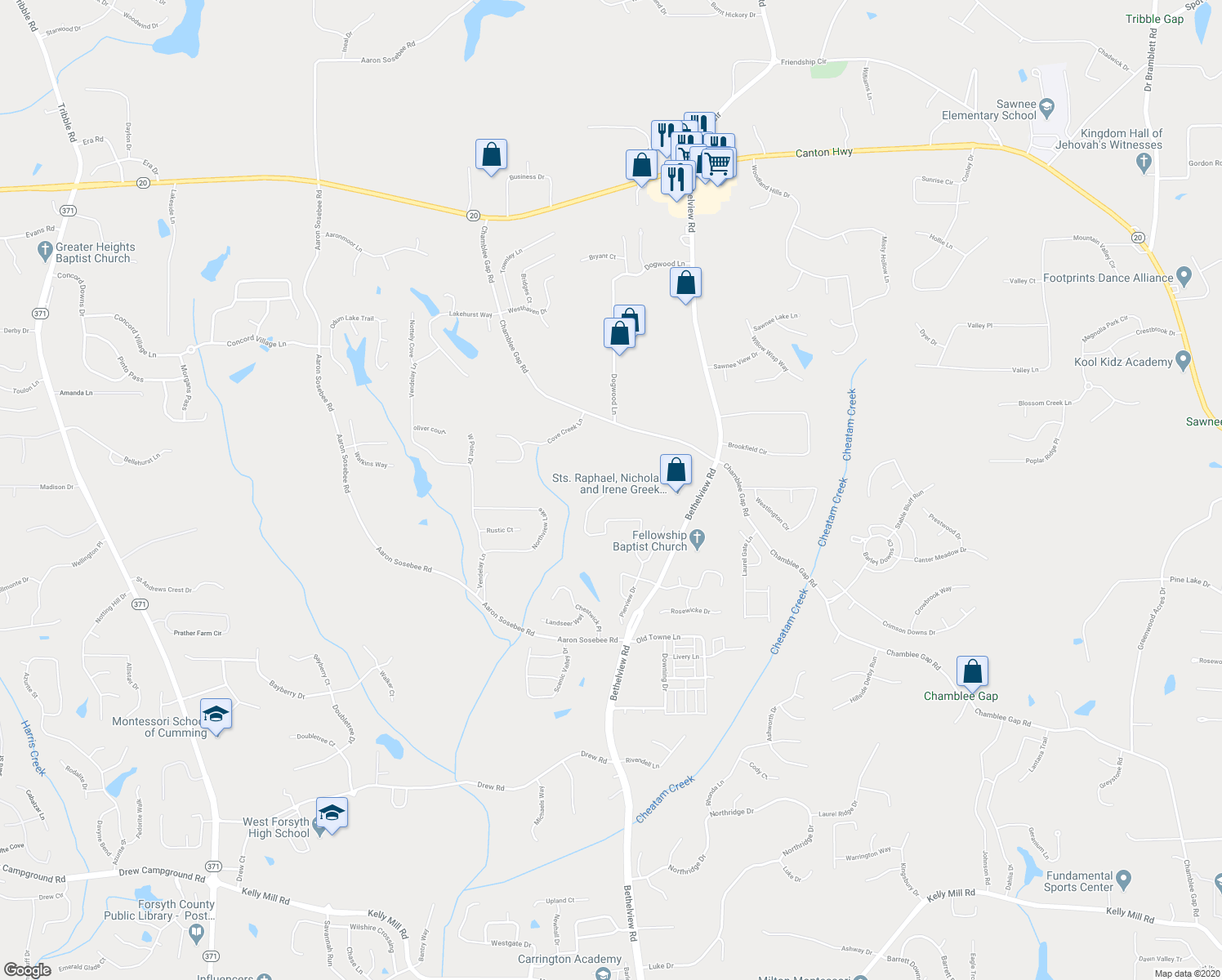 map of restaurants, bars, coffee shops, grocery stores, and more near 3825 Valleyway Road in Cumming