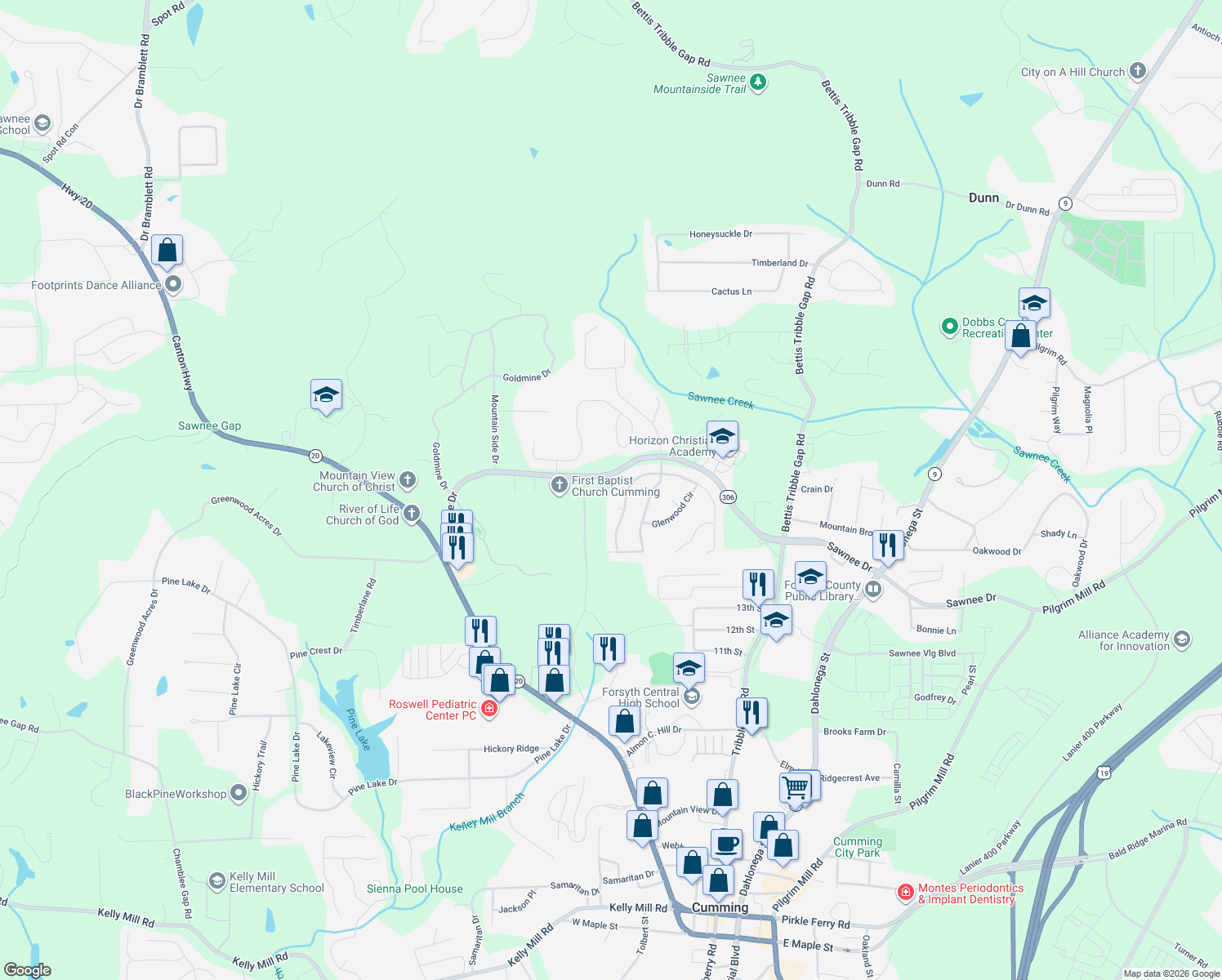 map of restaurants, bars, coffee shops, grocery stores, and more near 1615 Madison Court in Cumming