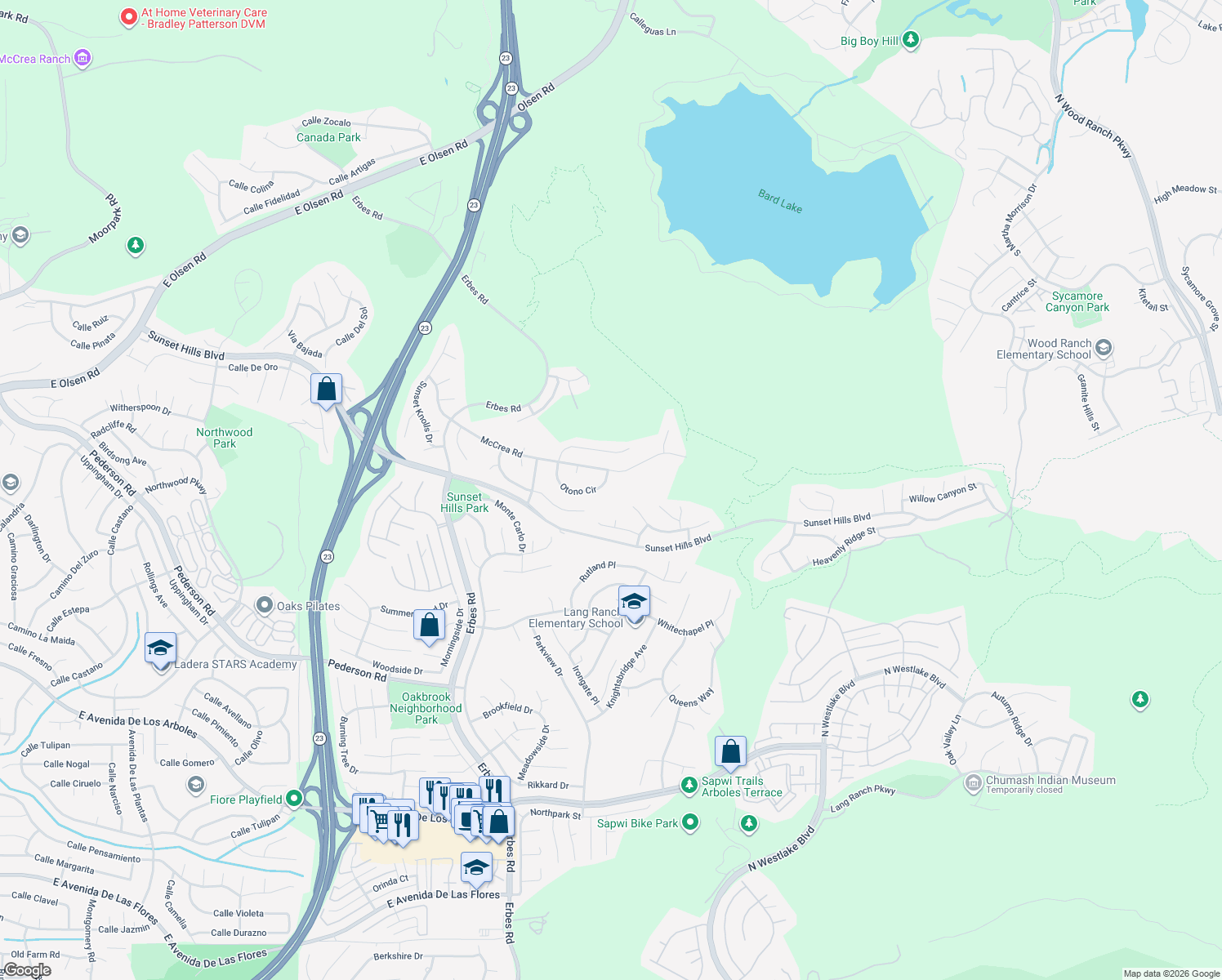 map of restaurants, bars, coffee shops, grocery stores, and more near 2382 Otono Circle in Thousand Oaks