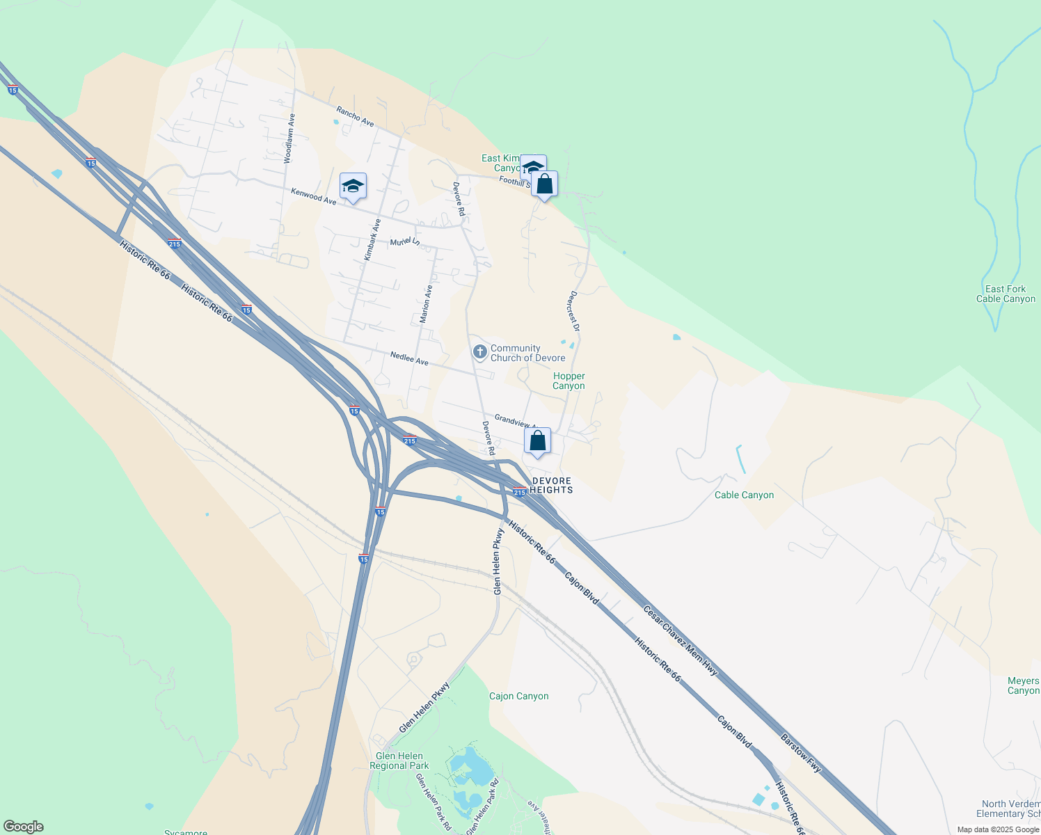 map of restaurants, bars, coffee shops, grocery stores, and more near 18484 Grandview Avenue in San Bernardino