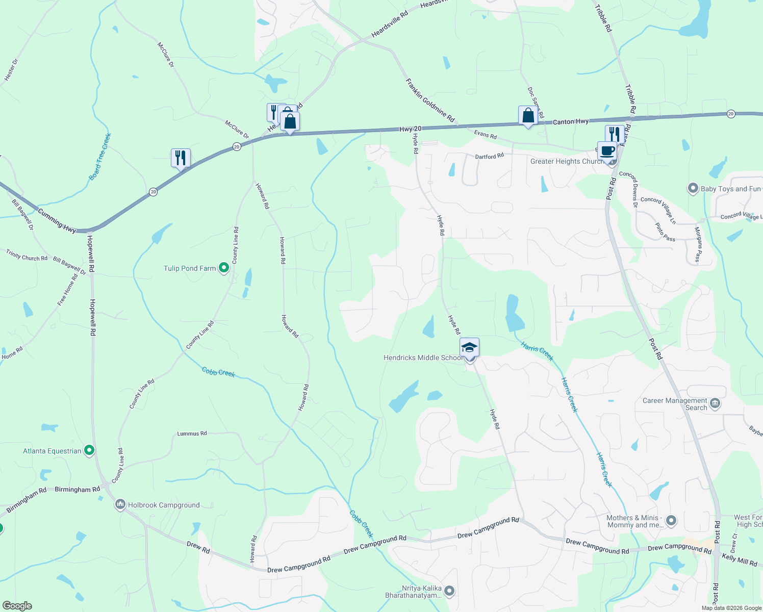 map of restaurants, bars, coffee shops, grocery stores, and more near 5045 Hyde Way in Cumming