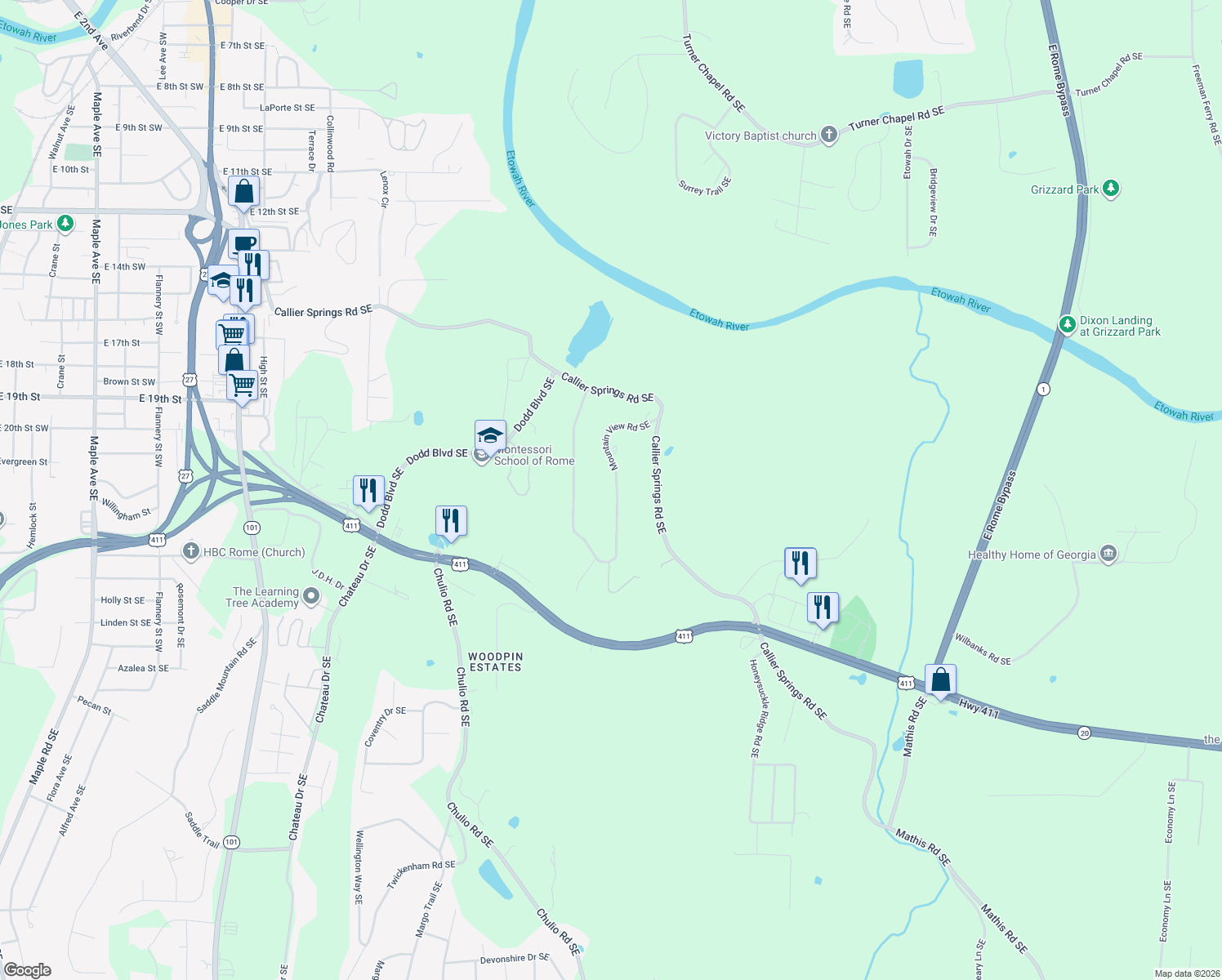 map of restaurants, bars, coffee shops, grocery stores, and more near 433 Mountain View Road Southeast in Rome