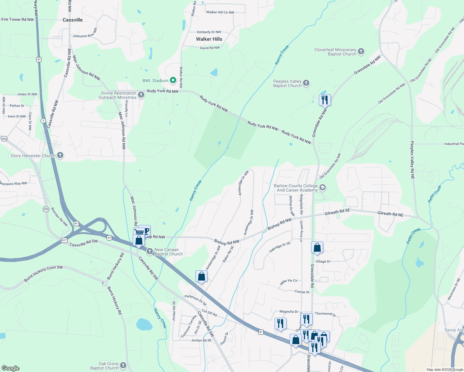 map of restaurants, bars, coffee shops, grocery stores, and more near 54 Country Meadow Way in Cartersville