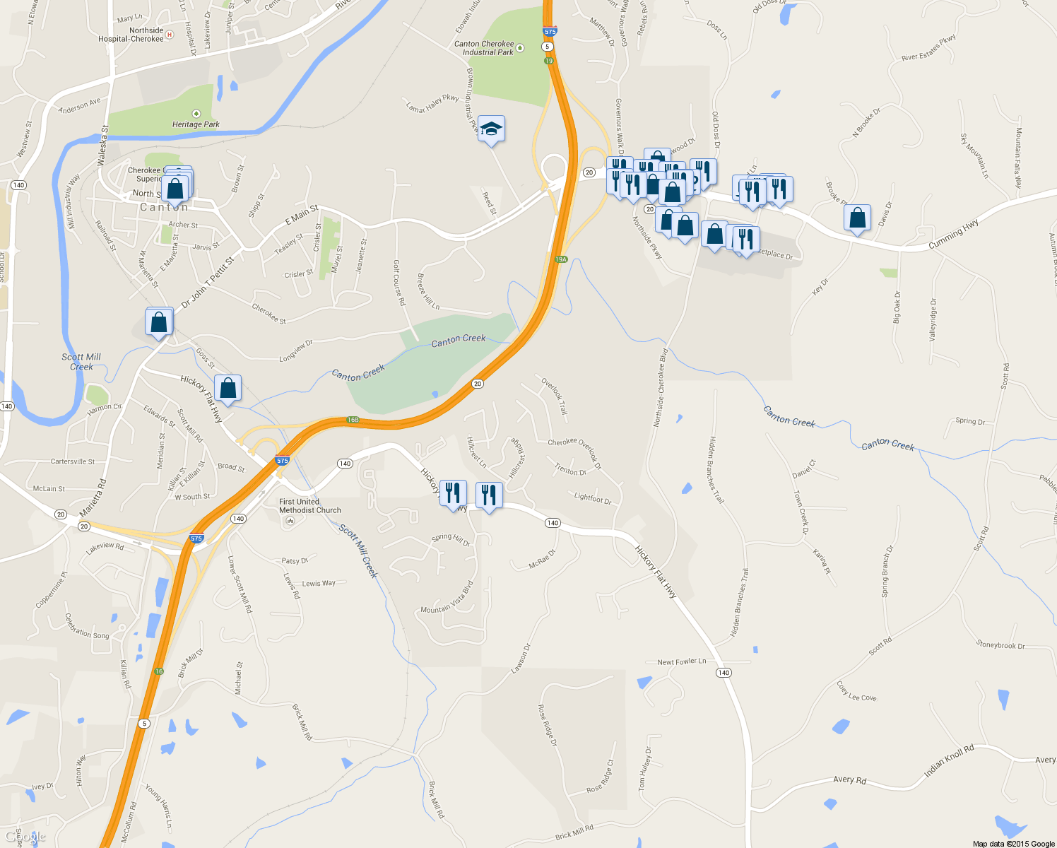 map of restaurants, bars, coffee shops, grocery stores, and more near 3777 Cherokee Overlook Dr in Canton